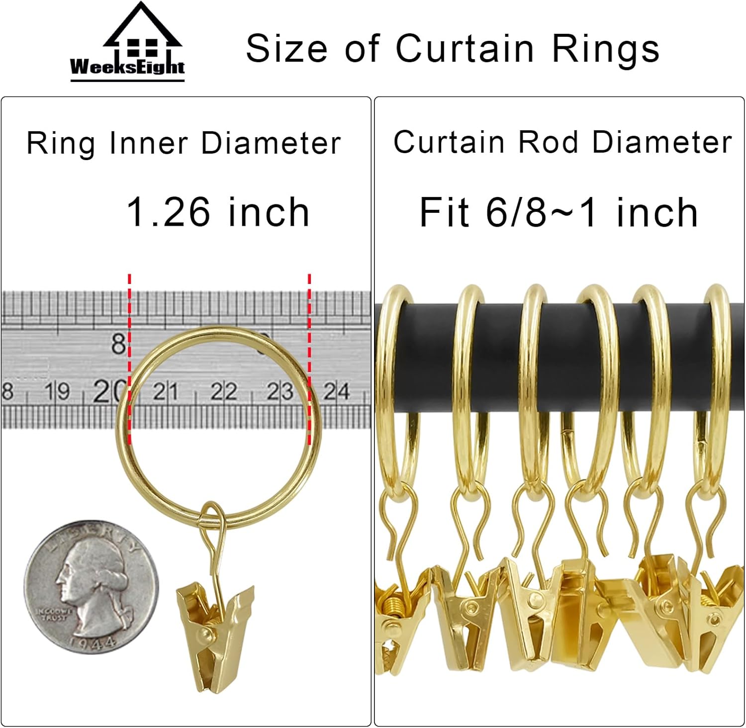 40 Pack Gold Curtain Rings with Clips Curtain Hooks