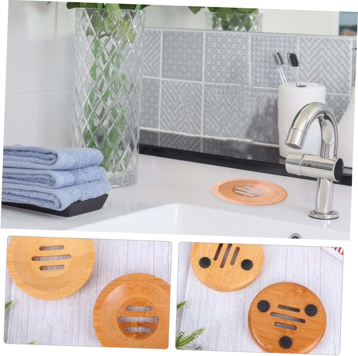 IMIKEYA 3pcs Round Bamboo Soap Dish Holder for Bathroom Kitchen