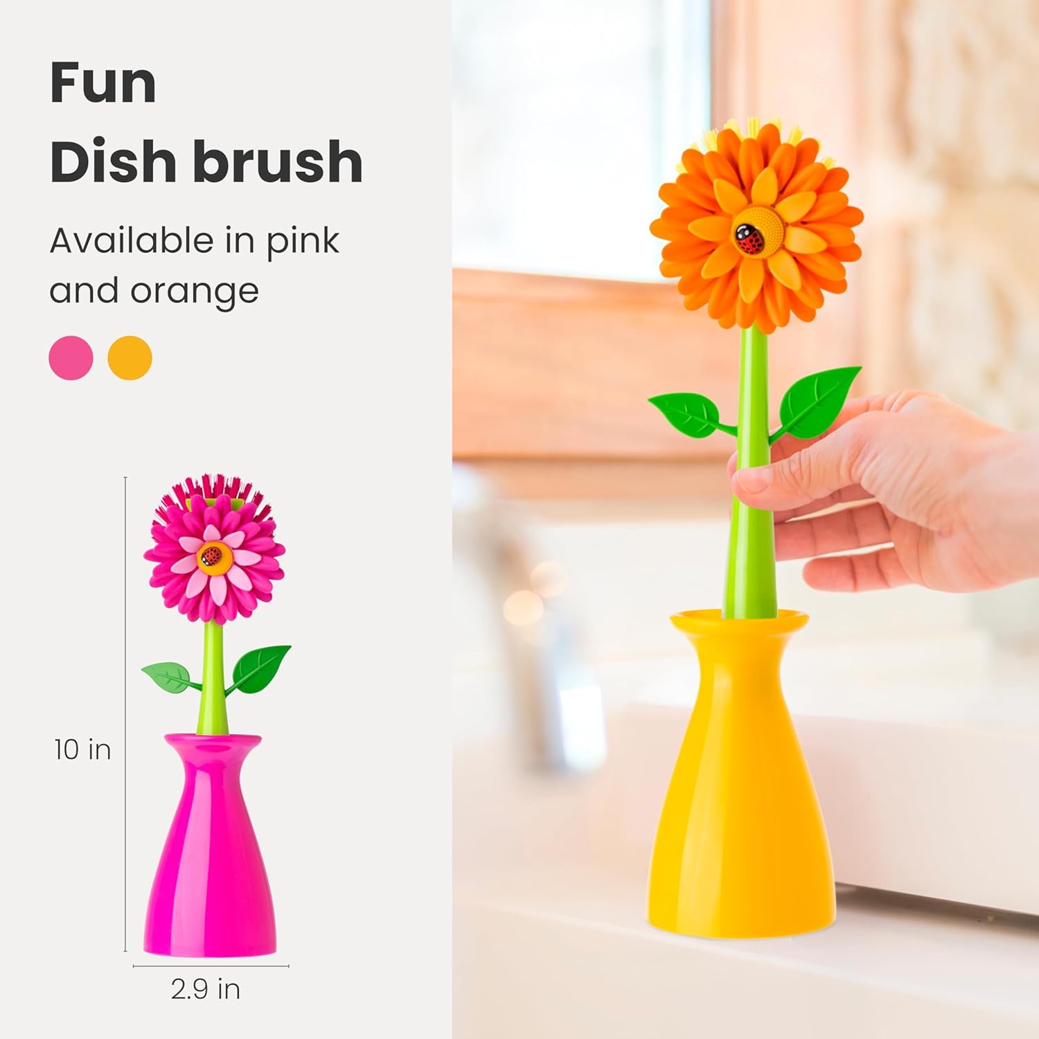 Vigar Flower Power Dish Brush with Vase 10 Inches Orange Green