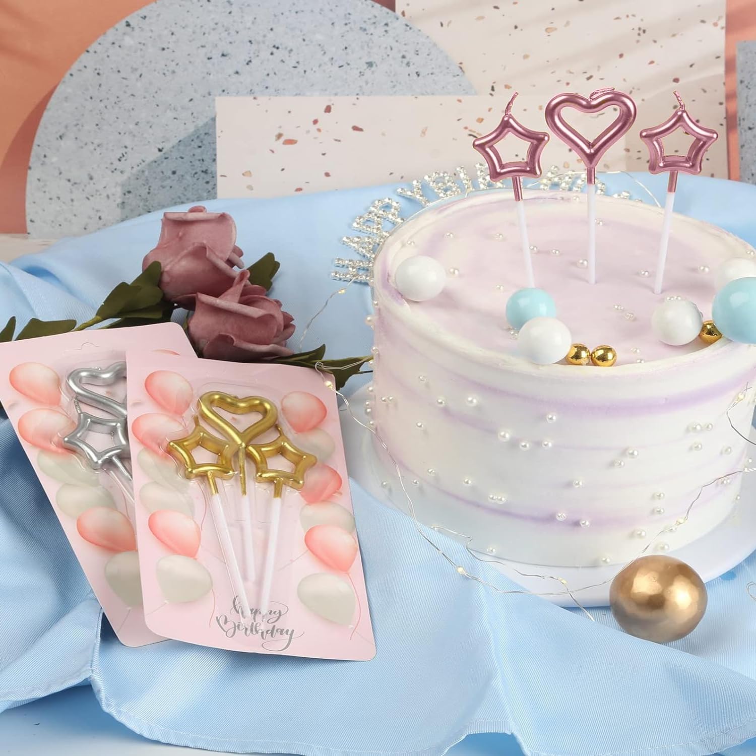 BoKin Birthday Cake Candles Set 6 Stars 3 Hearts
