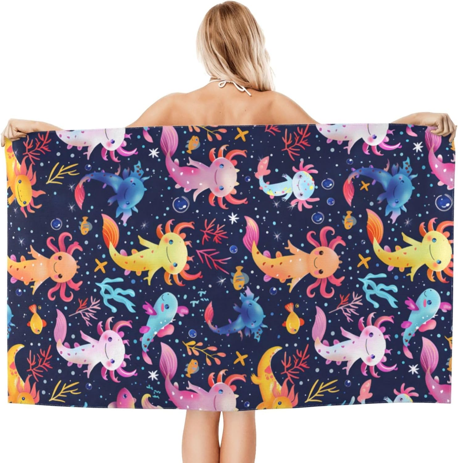 Colorful Axolotl Beach Towel 32x52in Microfiber Quick Dry