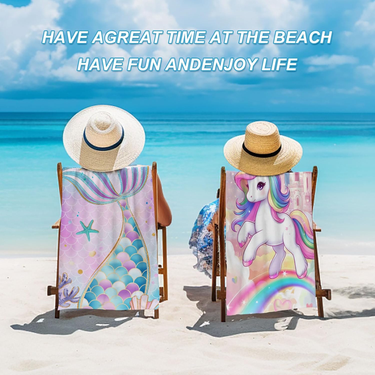 NIBESSER 2 Pack Kids Beach Towels Mermaid Unicorn 1