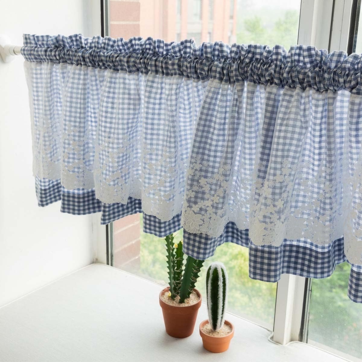 Blue Voile Curtains Tiers Set for Kitchen Windows