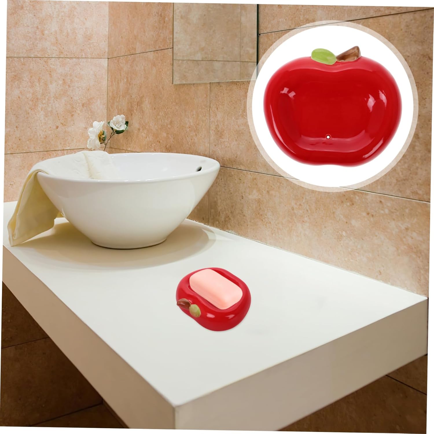 BESTOYARD Ceramic Apple Soap Holder with Drainage Tray