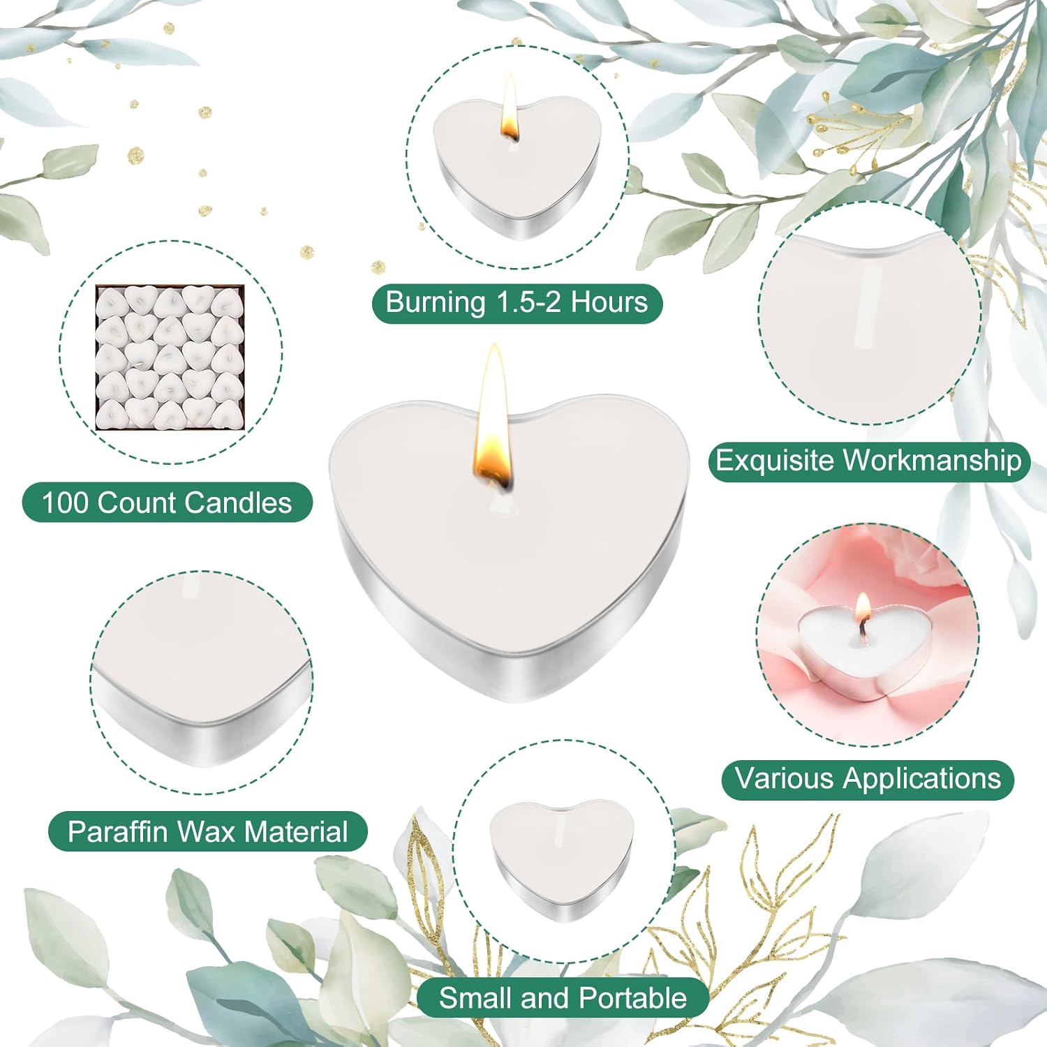 100 Sets Heart Shaped Wedding Candle Favors with Cards and Organza Bags