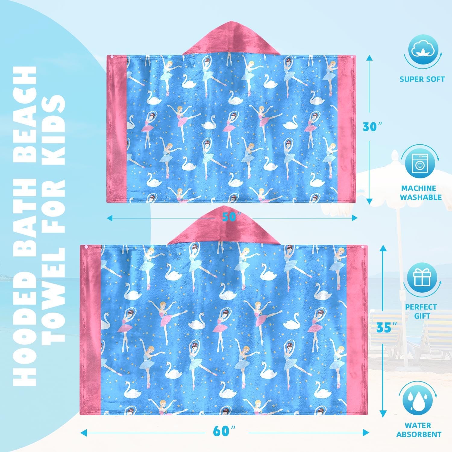 Ritiga Dance Girls Hooded Beach Towel for Kids 4-8