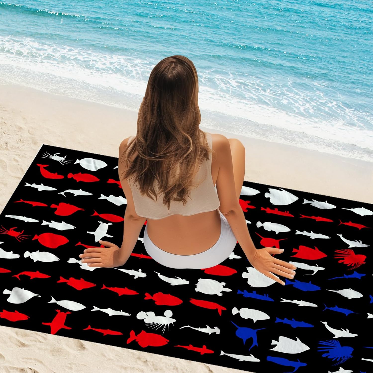 WZOMT American Flag Fishing Beach Towel - Quick Dry Microfiber with Sharks and Turtles