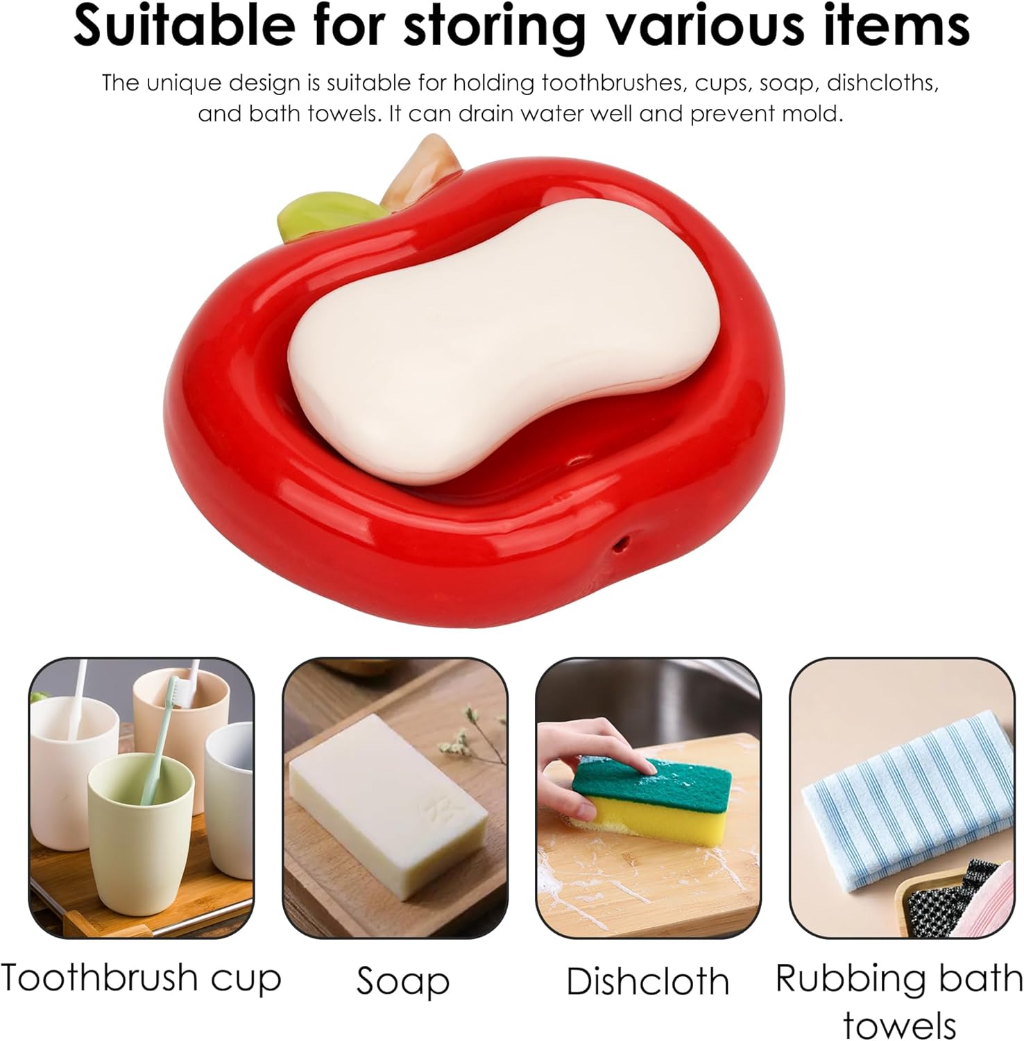 Red Apple Shaped Ceramic Soap Dish with Drainage Holes