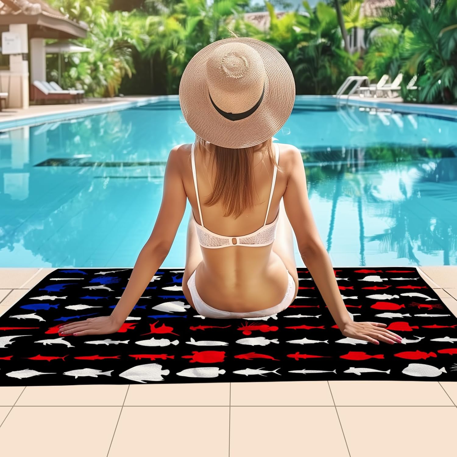 WZOMT American Flag Fishing Beach Towel - Quick Dry Microfiber with Sharks and Turtles