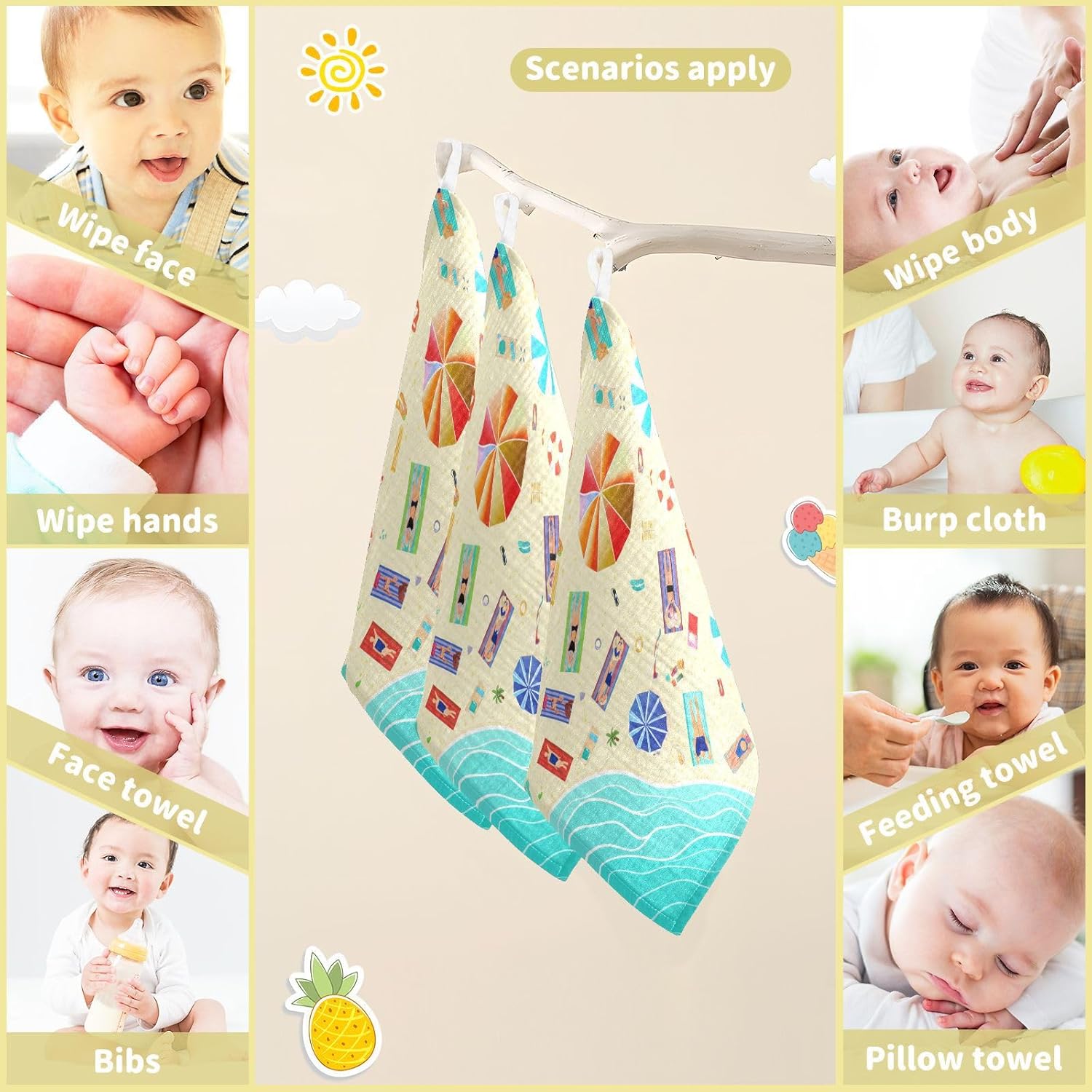 STAYTOP Beach Towels 3 Pack Cotton Wash Cloths for Baby