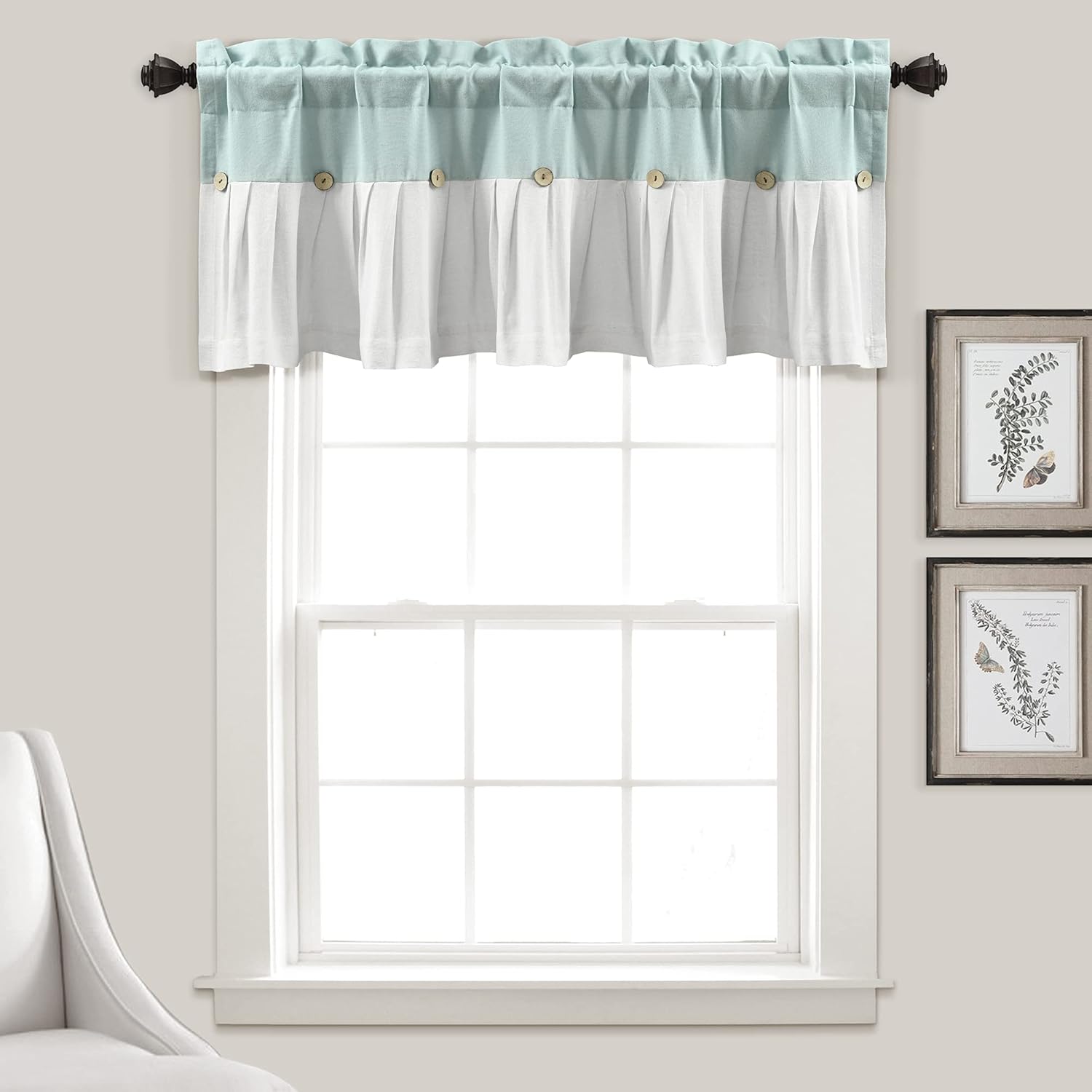 Lush Decor Linen Button Farmhouse Valance 52x18 Blue White