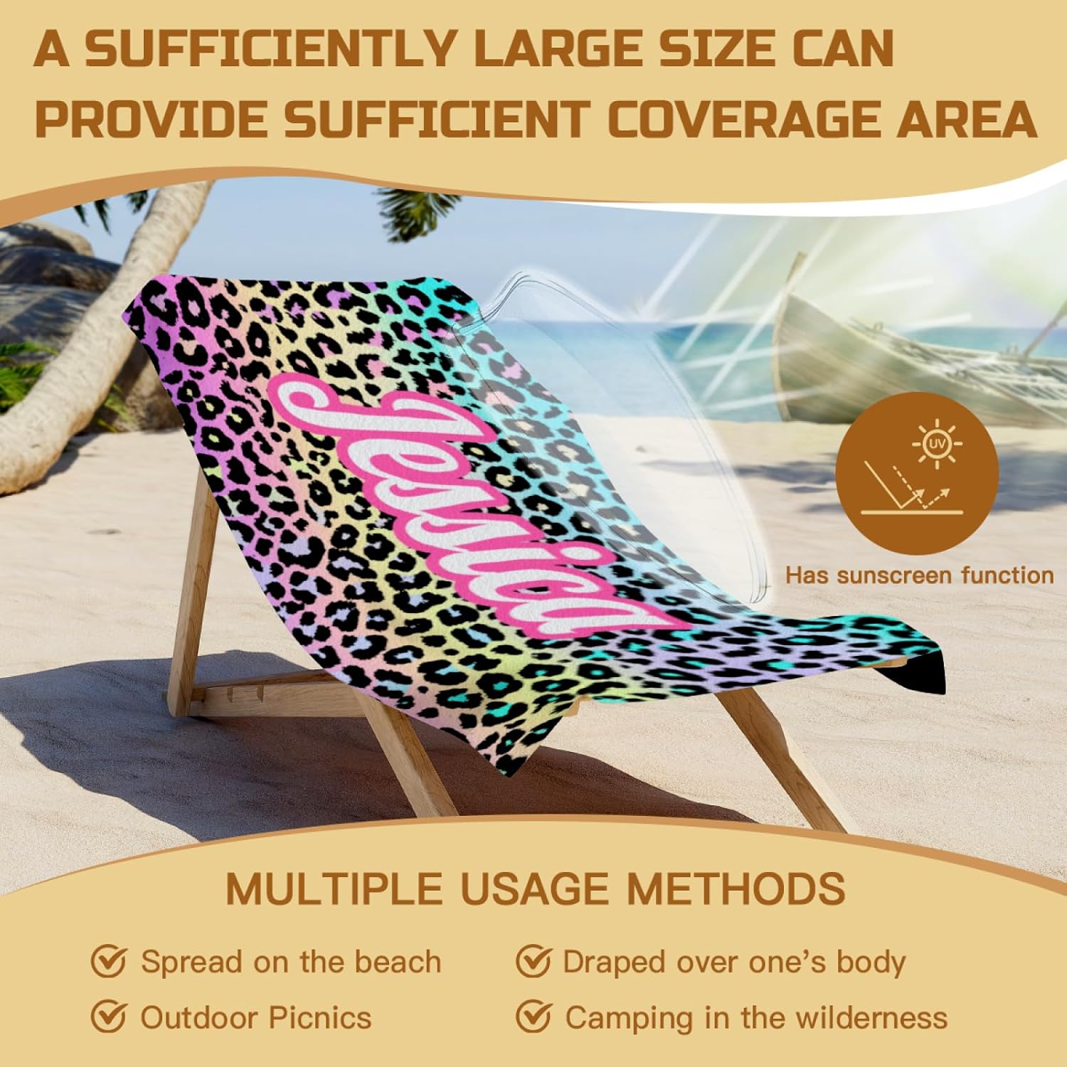 Custom Name Beach Towel with Leopard Print