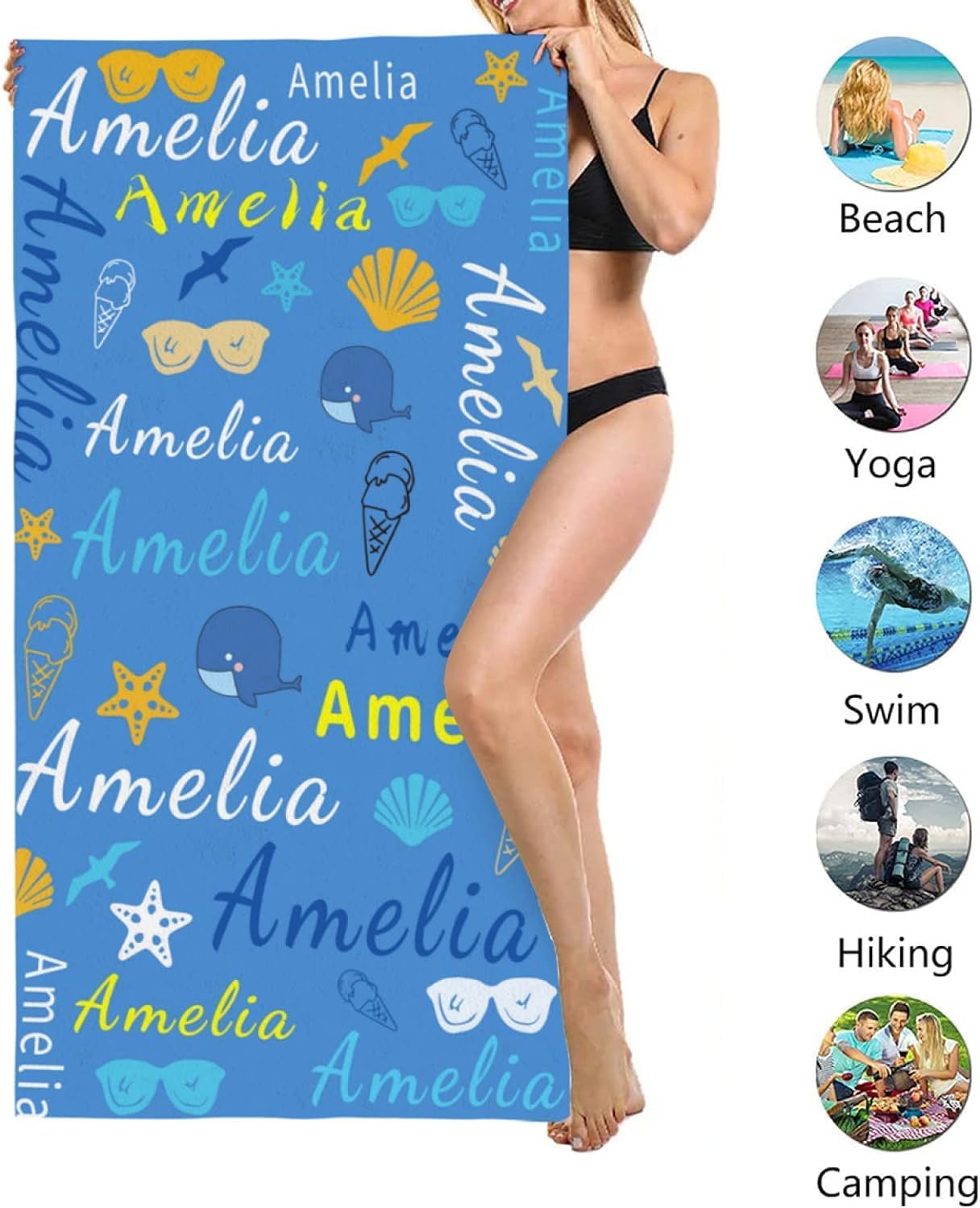 Personalized Beach Towel with Name - Customized Summer Microfiber Quick Drying