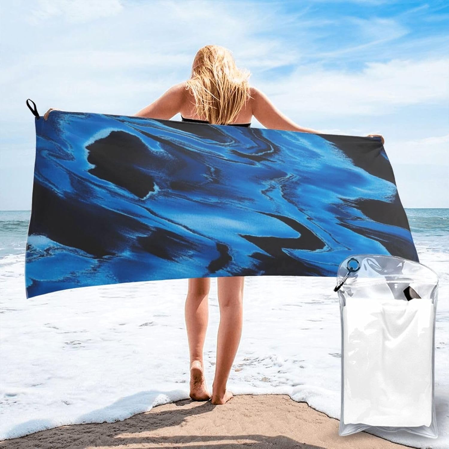 Black Blue Tie Dye Microfiber Beach Towel for Men Women 1