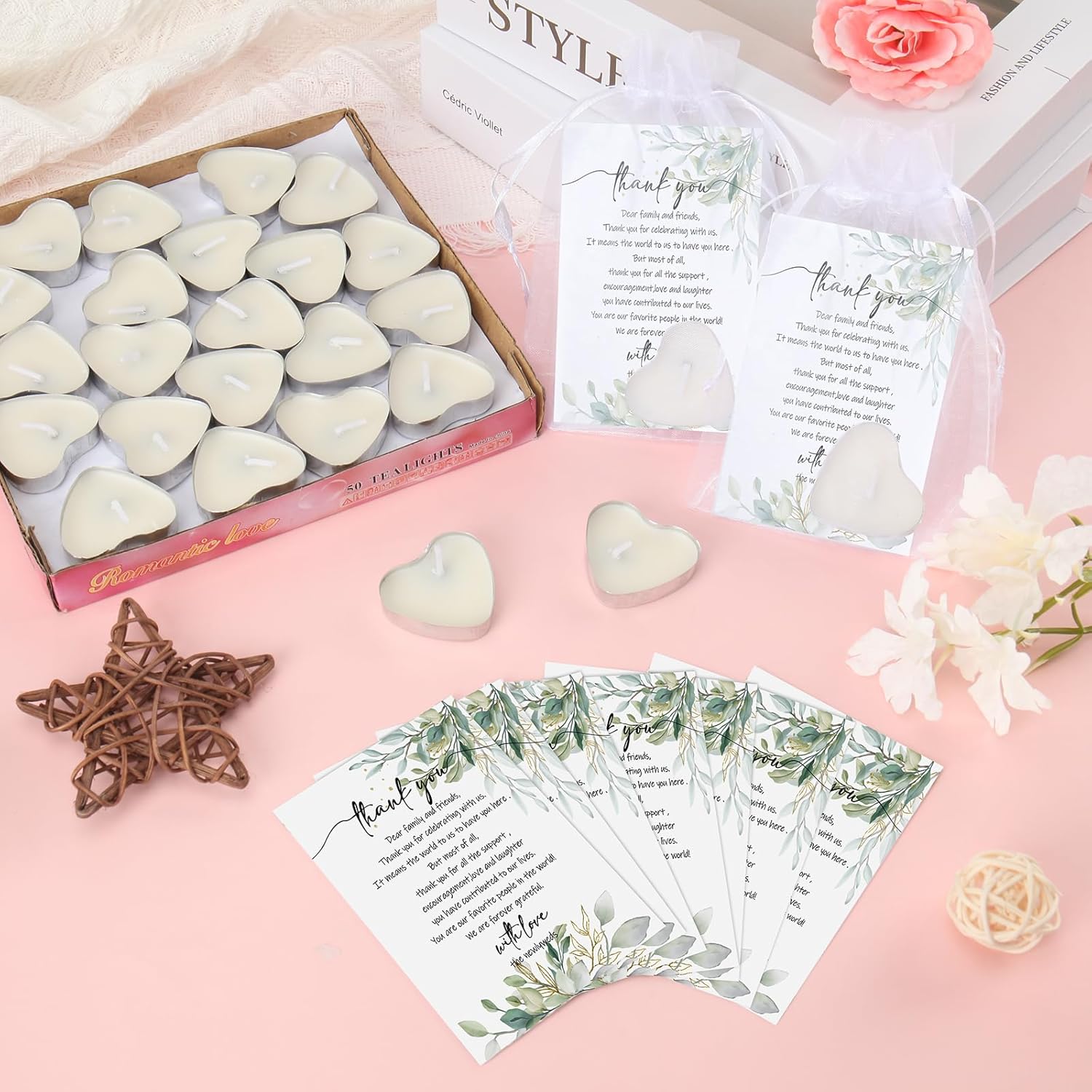 100 Sets Heart Shaped Wedding Candle Favors with Cards and Organza Bags