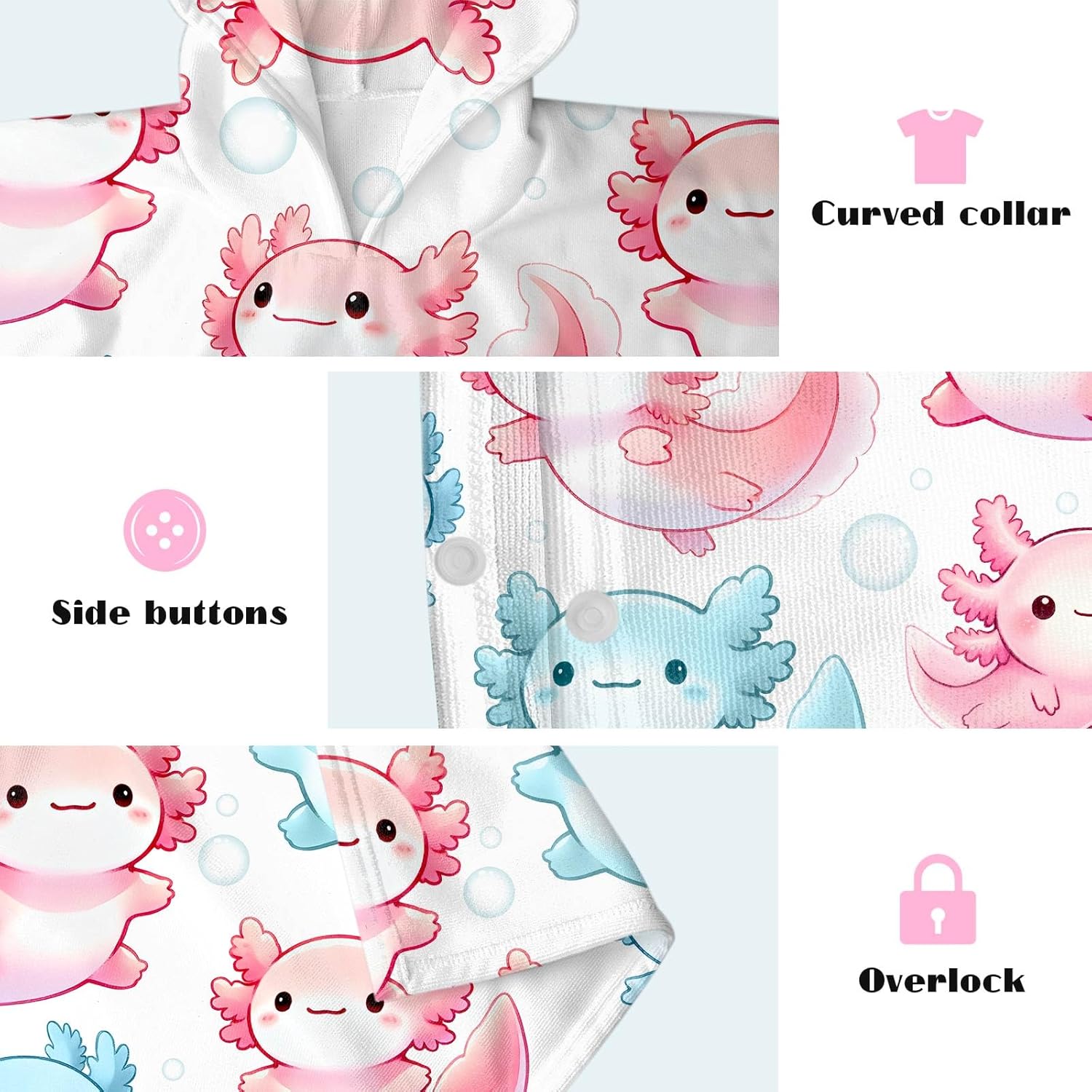 Kids Hooded Beach Towel with Axolotl Design for 8-14 Years