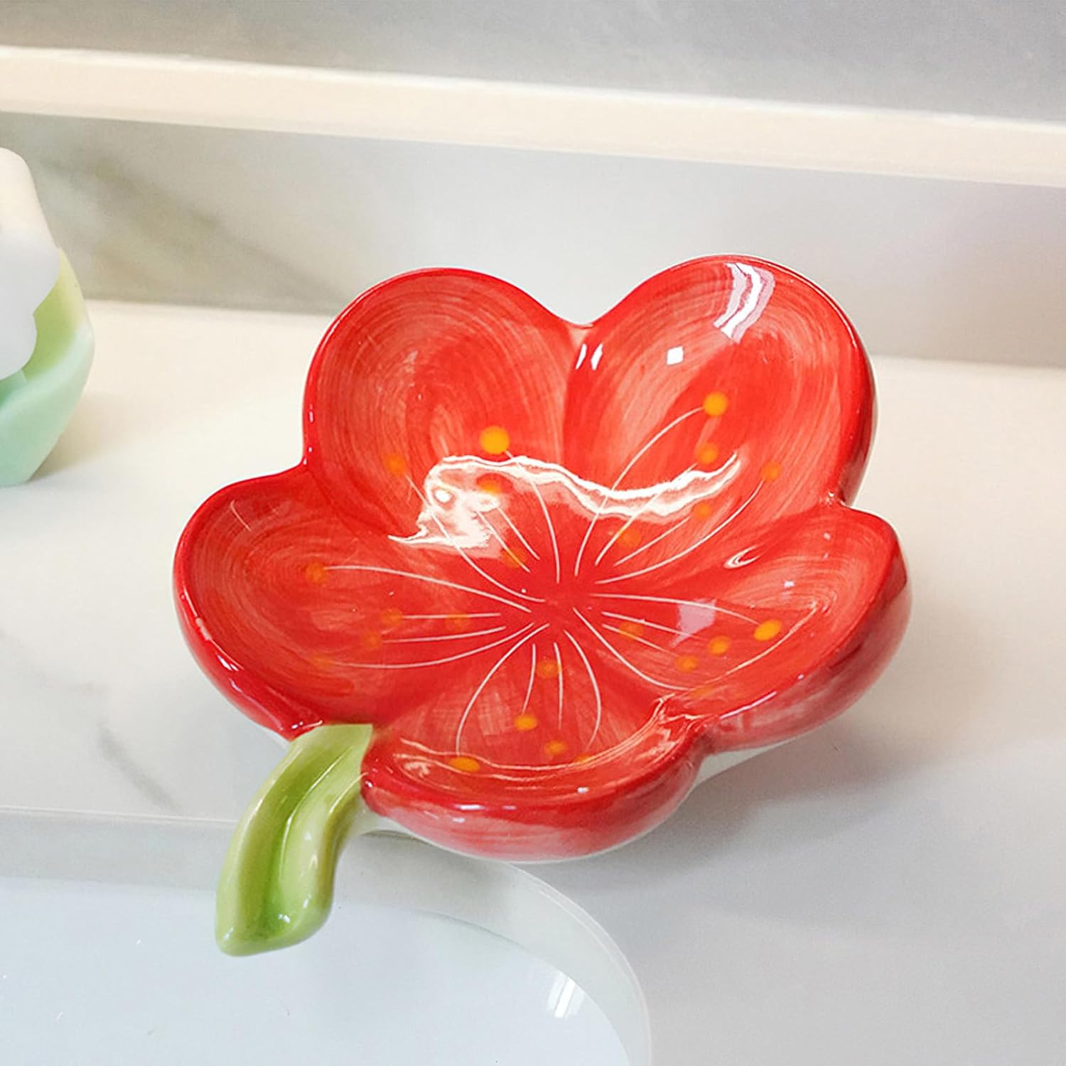 Self-Draining Ceramic Soap Dish with Peach Blossom Design