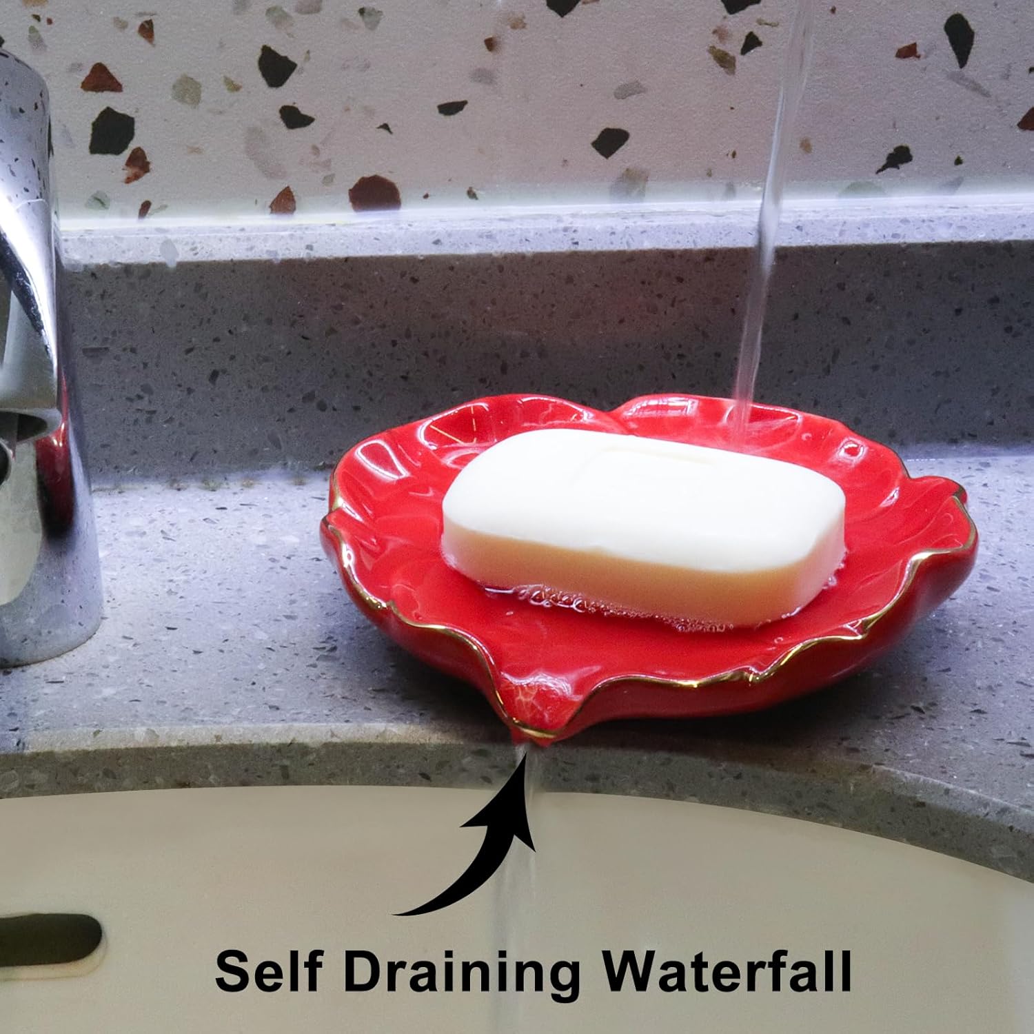 Polyroyal Ceramic Self Draining Soap Dish with Hibiscus Design