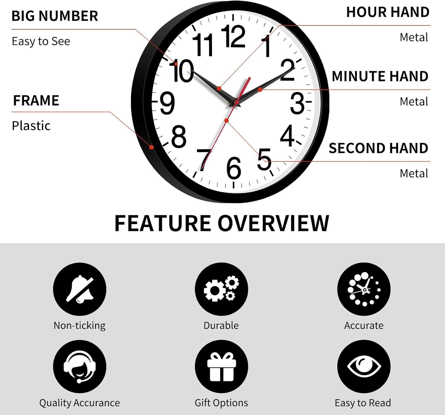 Rohioue 10 Inch Black Wall Clock Modern Silent Non Ticking Analog