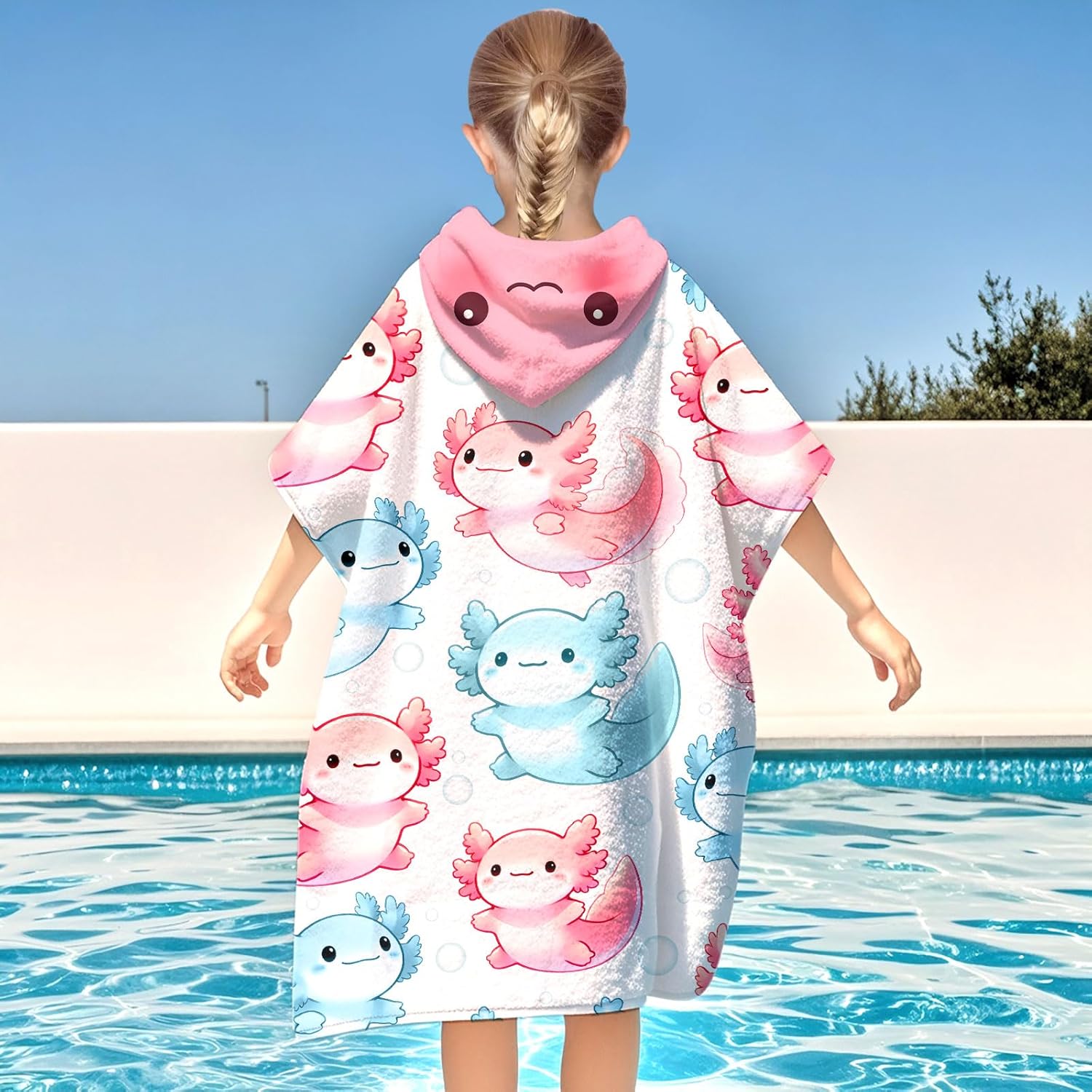 Kids Hooded Beach Towel with Axolotl Design for 8-14 Years
