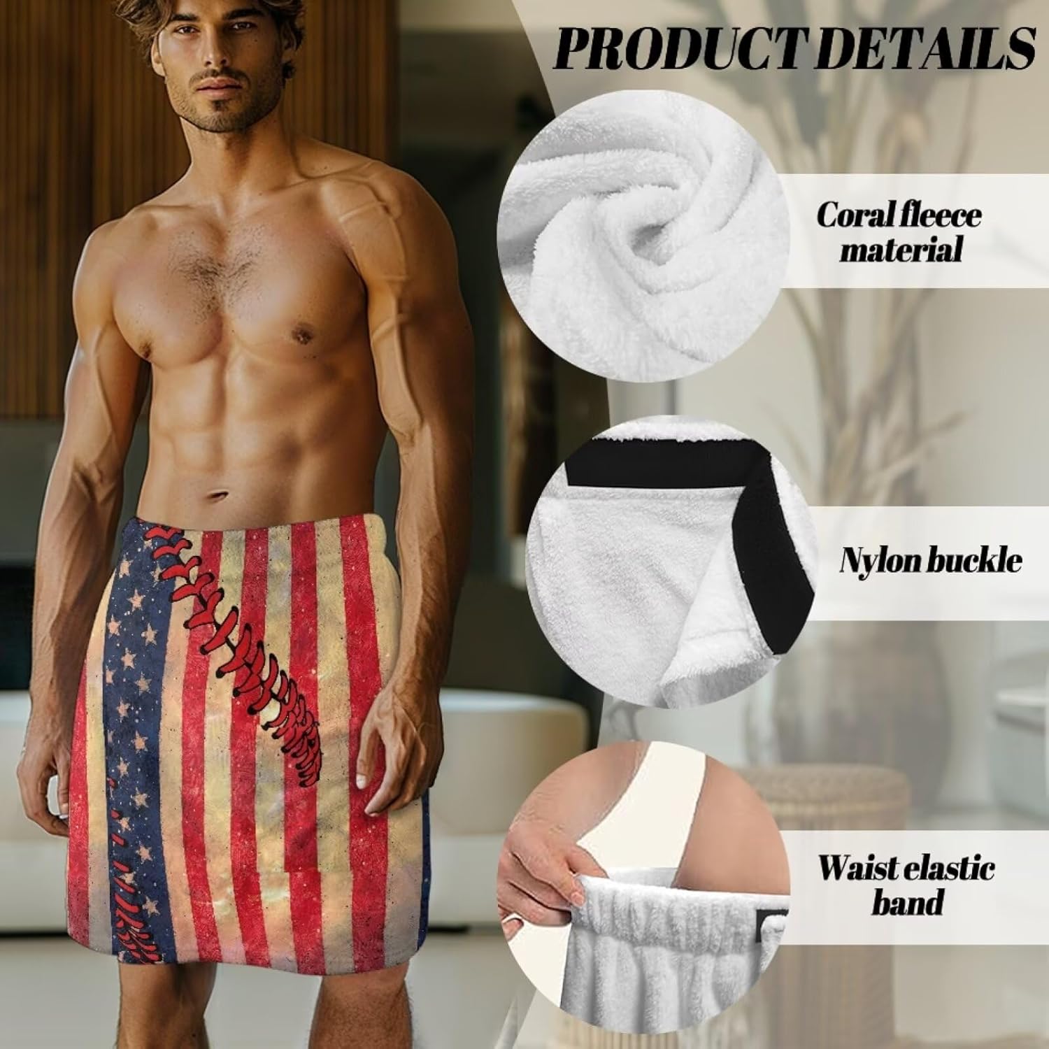 KUIFORTI American Flag Bath Towel Wrap for Men