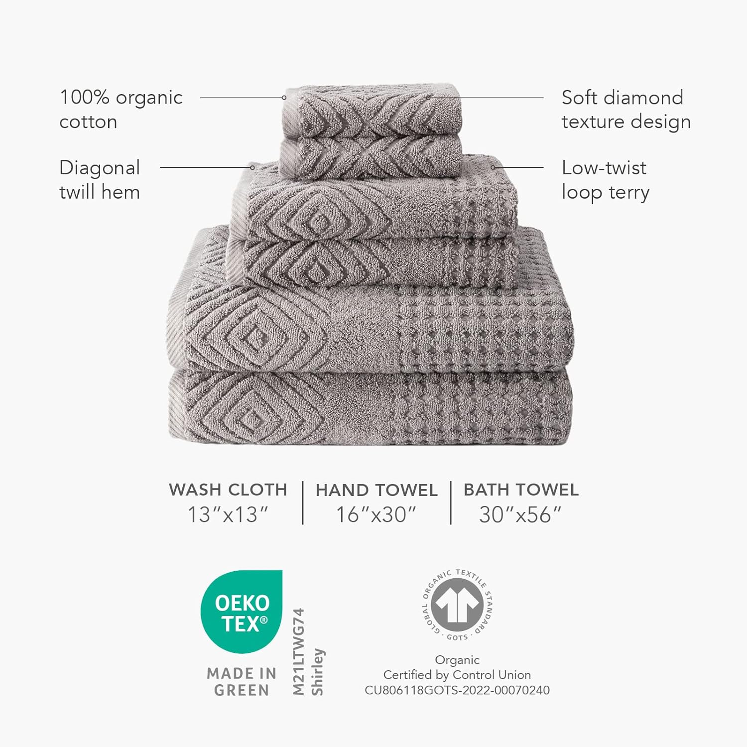 TexereSilk 100 Organic Cotton Luxury Towel Set - 700 GSM Diamond Jacquard