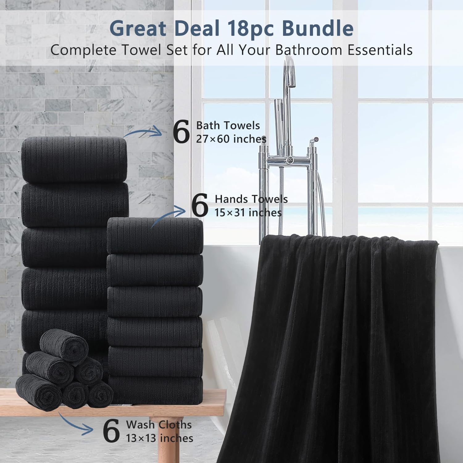 18 Piece Super Soft Bath Towels Set - Black