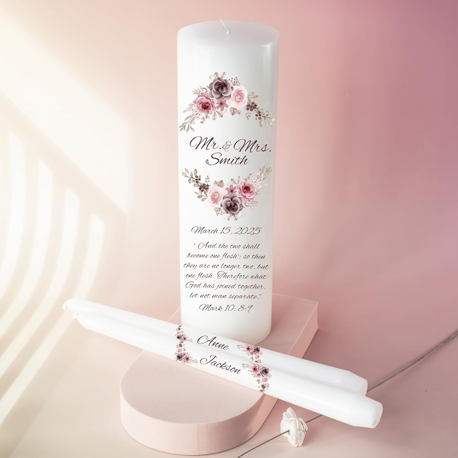 Unity Candles for Wedding Mr Mrs Set with Bible Quote
