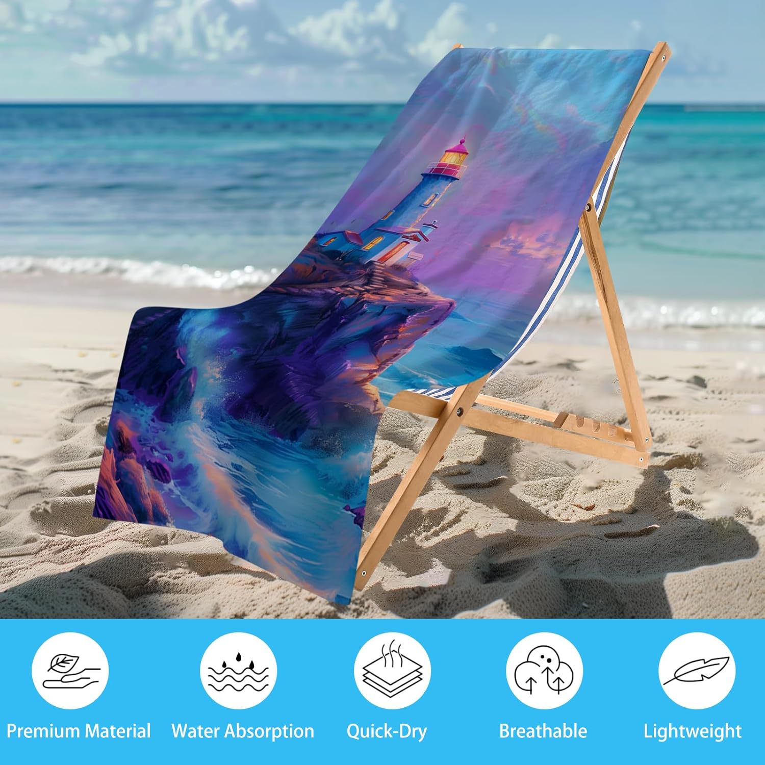 WZOMT Microfiber Beach Towel - Purple Lighthouse Design