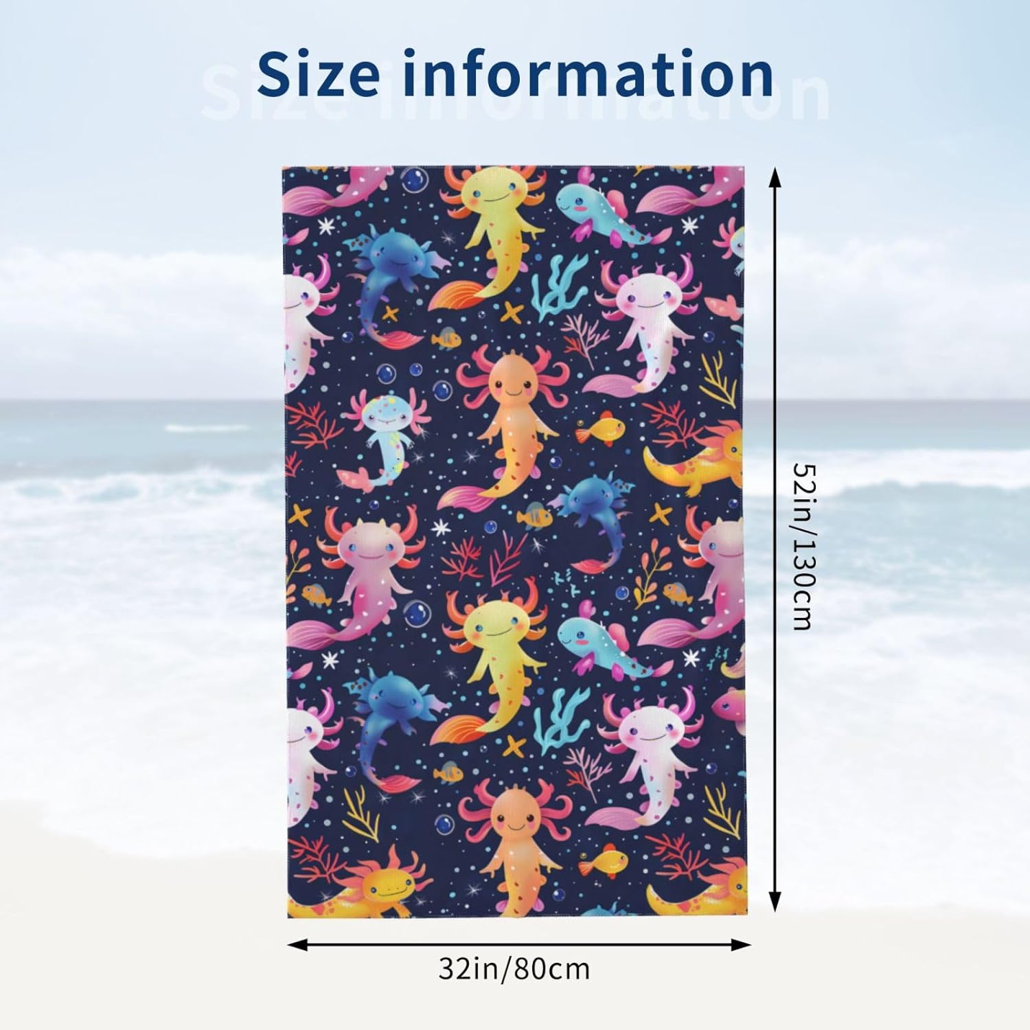 Colorful Axolotl Beach Towel 32x52in Microfiber Quick Dry