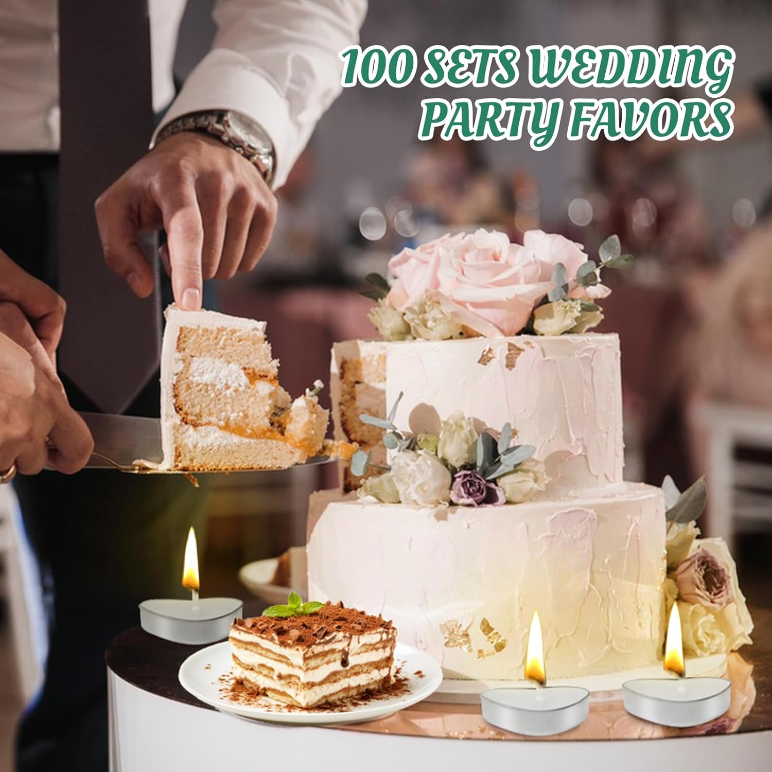 100 Sets Heart Shaped Wedding Candle Favors with Cards and Organza Bags
