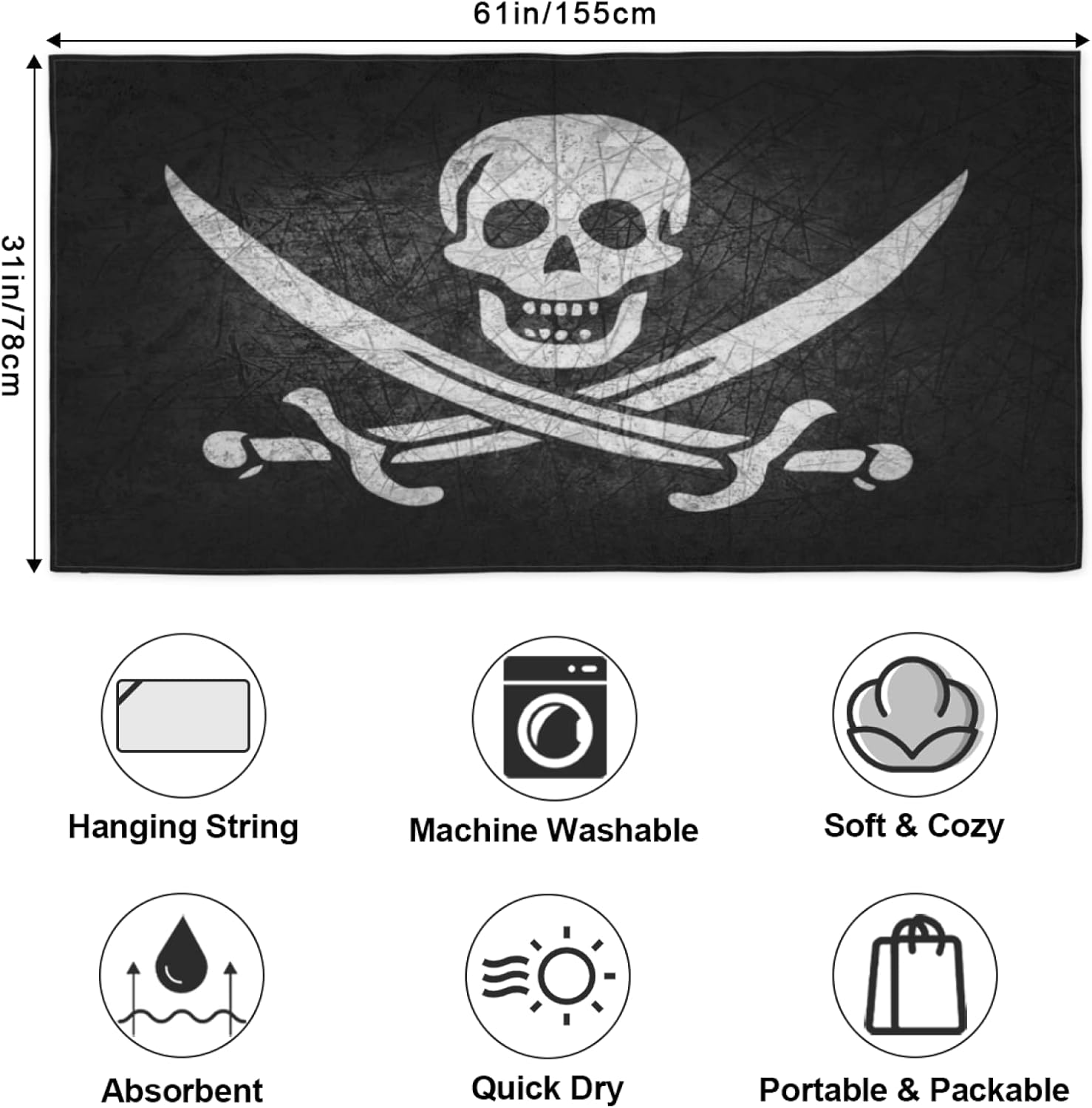 Jolly Roger Pirate Skull Microfiber Beach Towel for Kids and Toddlers
