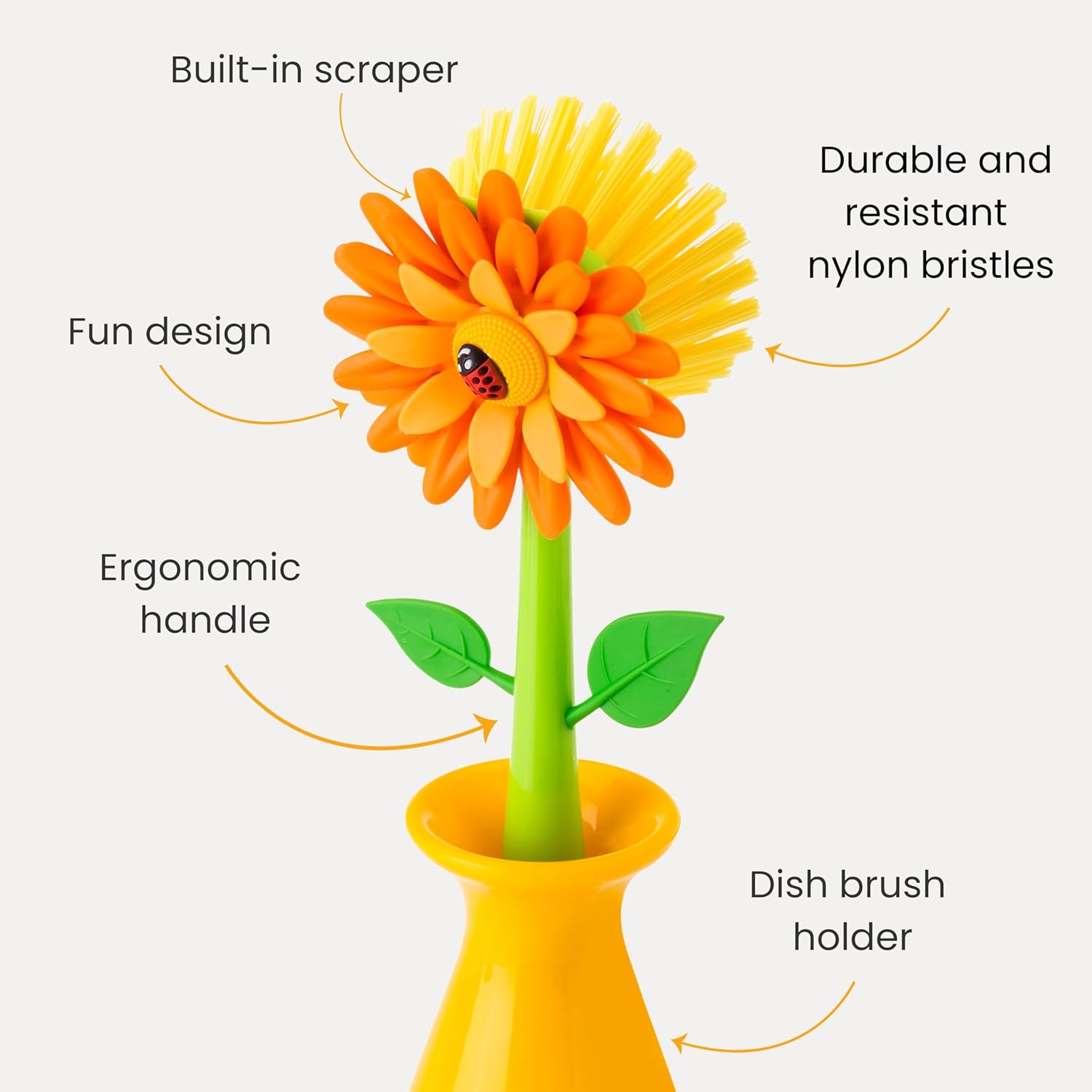 Vigar Flower Power Dish Brush with Vase 10 Inches Orange Green