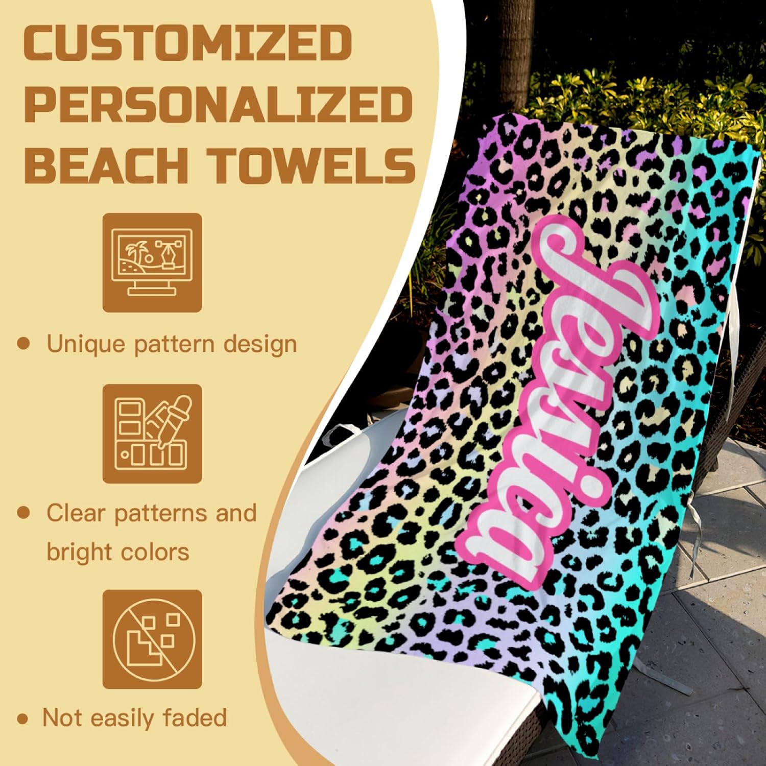 Custom Name Beach Towel with Leopard Print