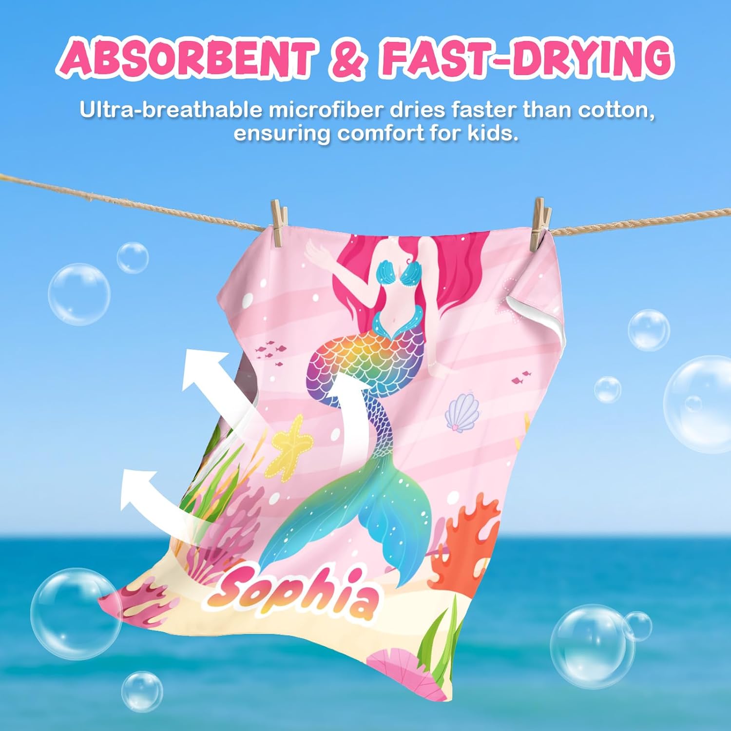 Personalized Kids Beach Towel with Name and Mermaid Design