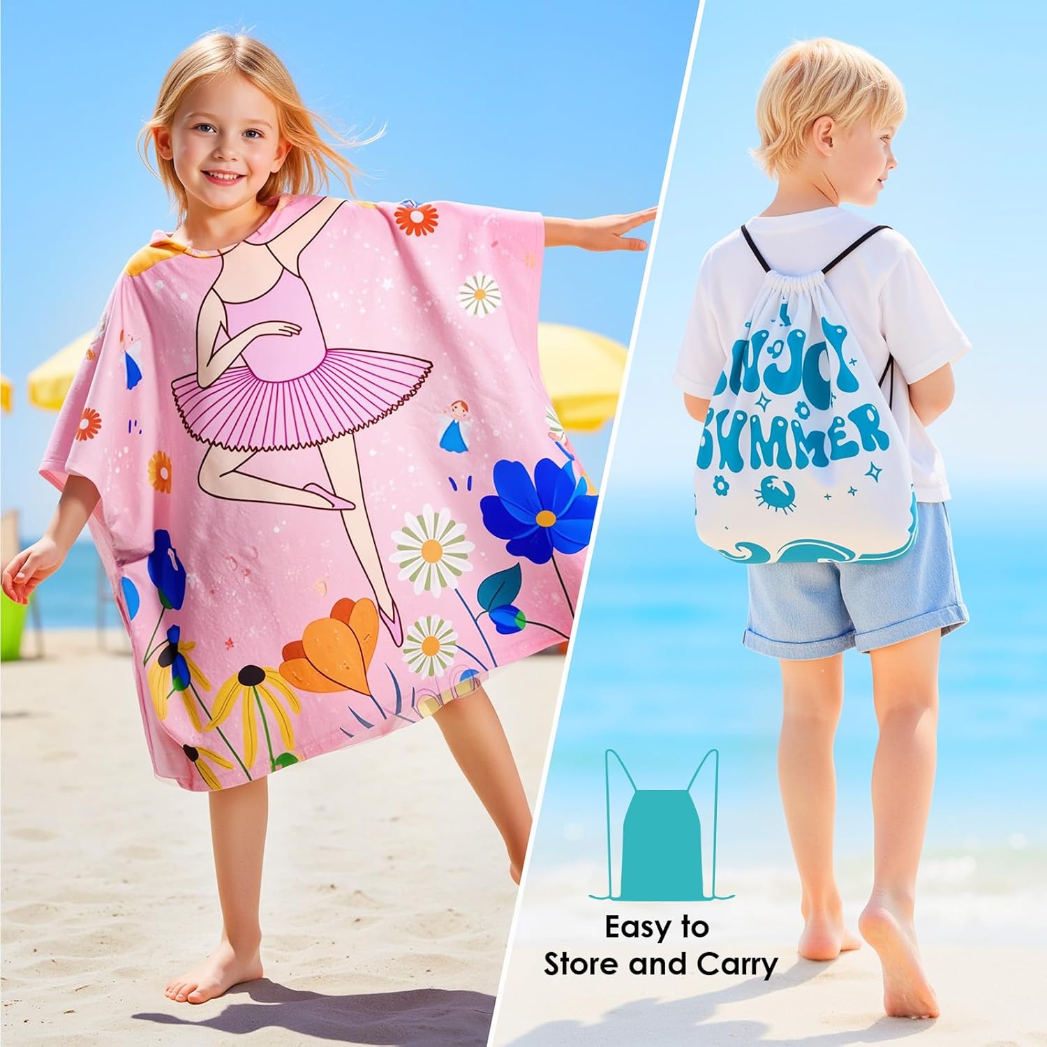 Ythuil Kids Hooded Beach Towel with Backpack