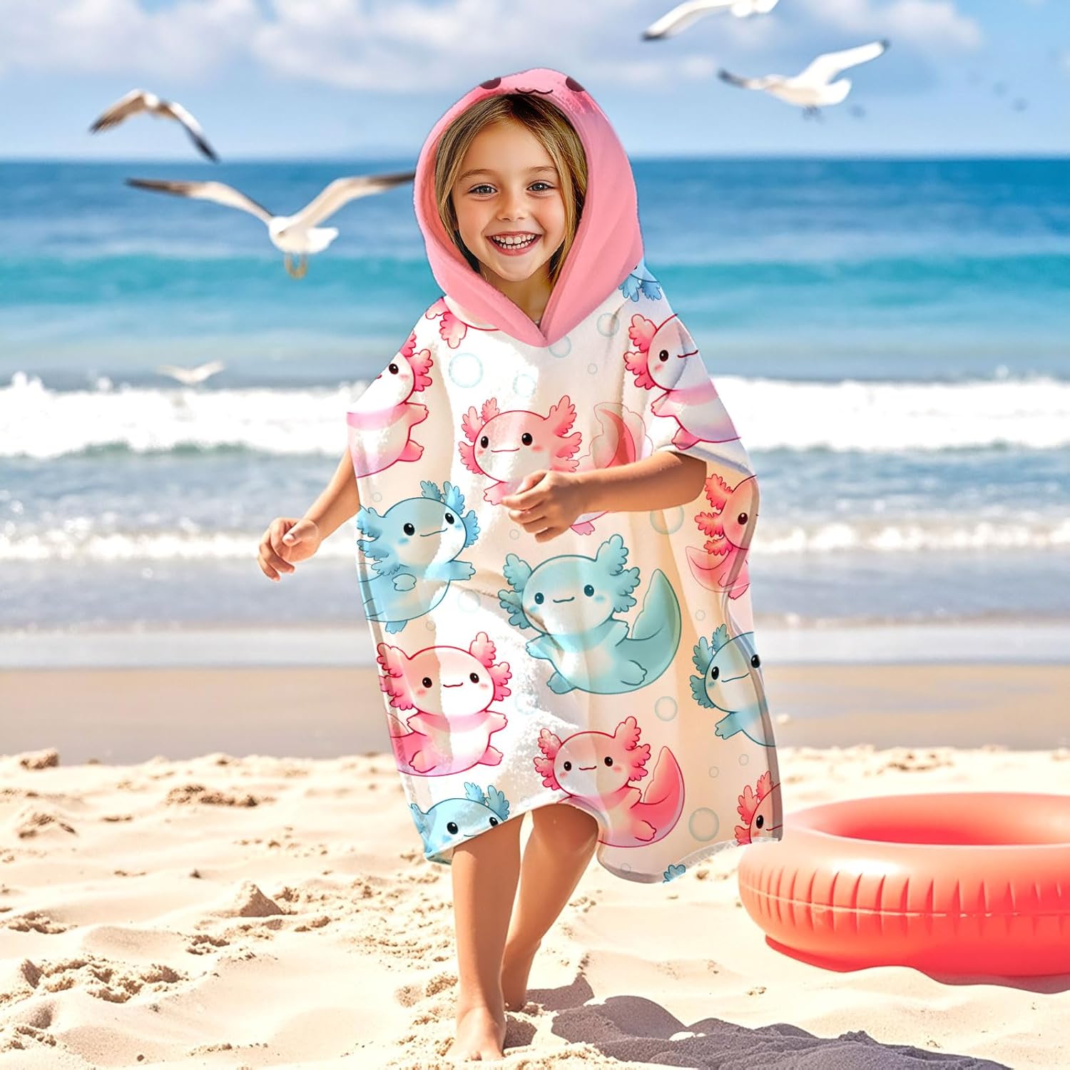 Kids Hooded Beach Towel with Axolotl Design for 8-14 Years