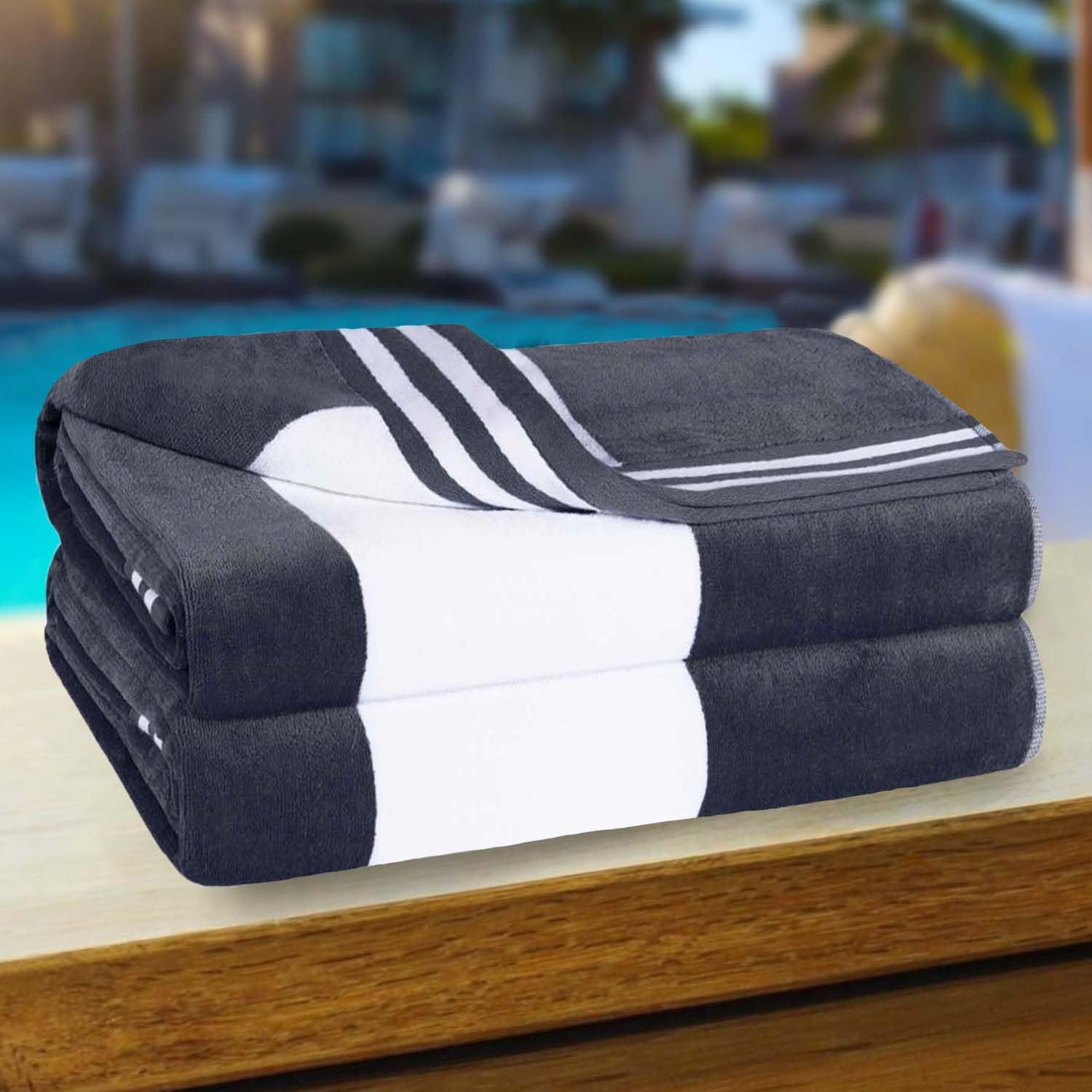 Superior Cotton Striped Beach Towels - Set of 2 Charcoal 1