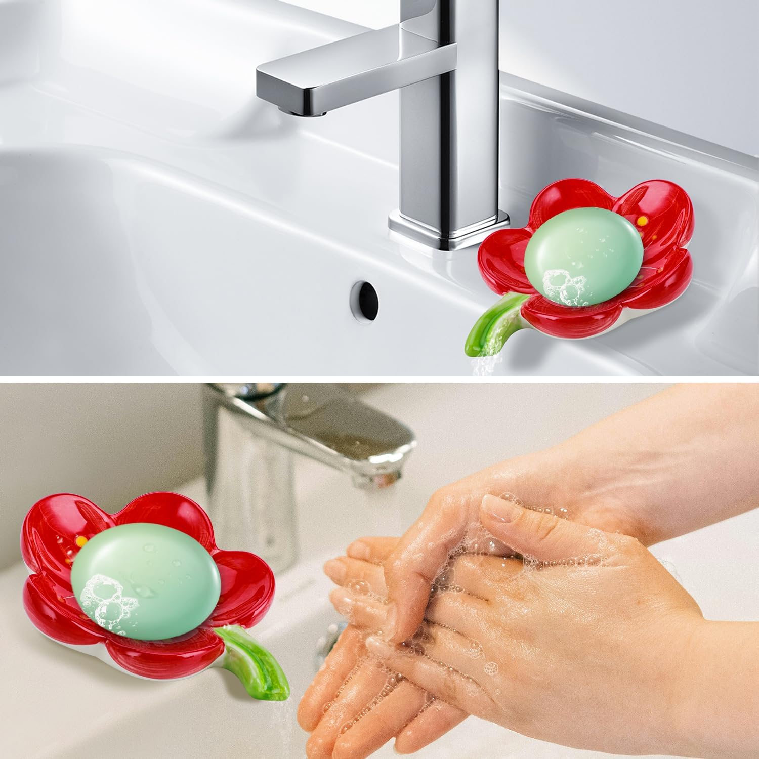 HuaLiSiJi Ceramic Flower Soap Holder - Self Draining Red