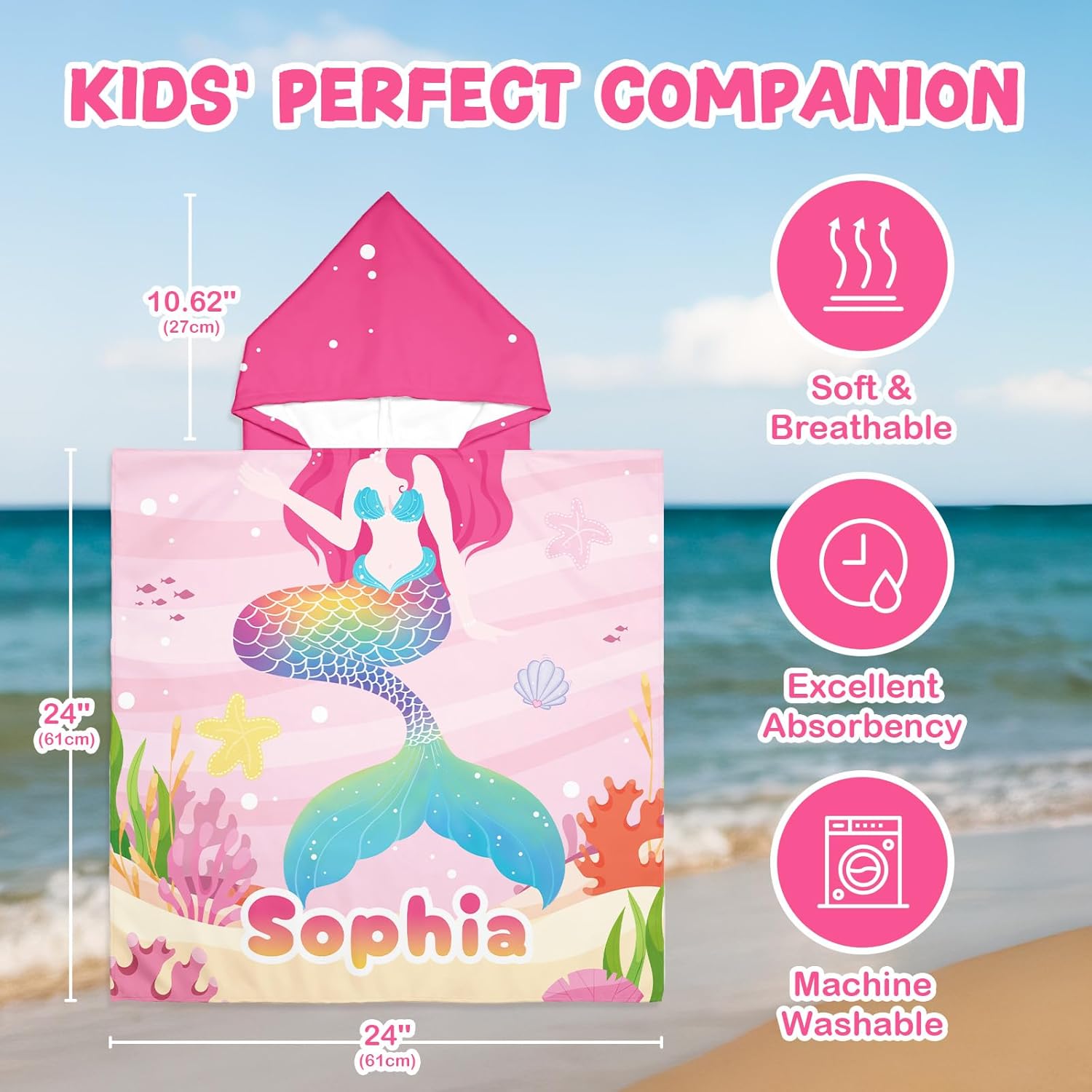 Personalized Kids Beach Towel with Name and Mermaid Design