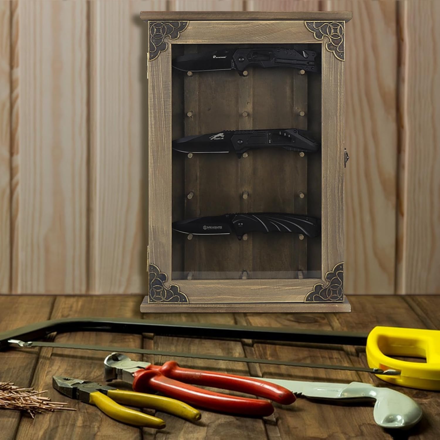Wooden Knife Shadow Box - Wall Mounted Knife Case for Collectors