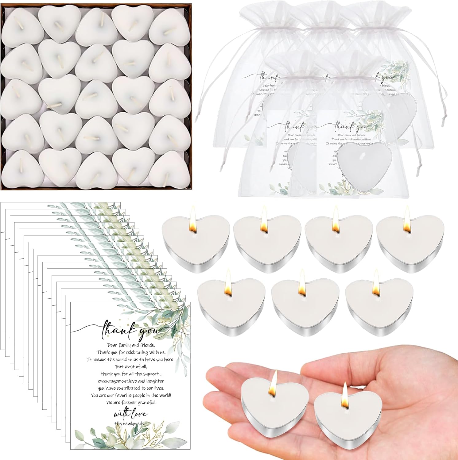 100 Sets Heart Shaped Wedding Candle Favors with Cards and Organza Bags