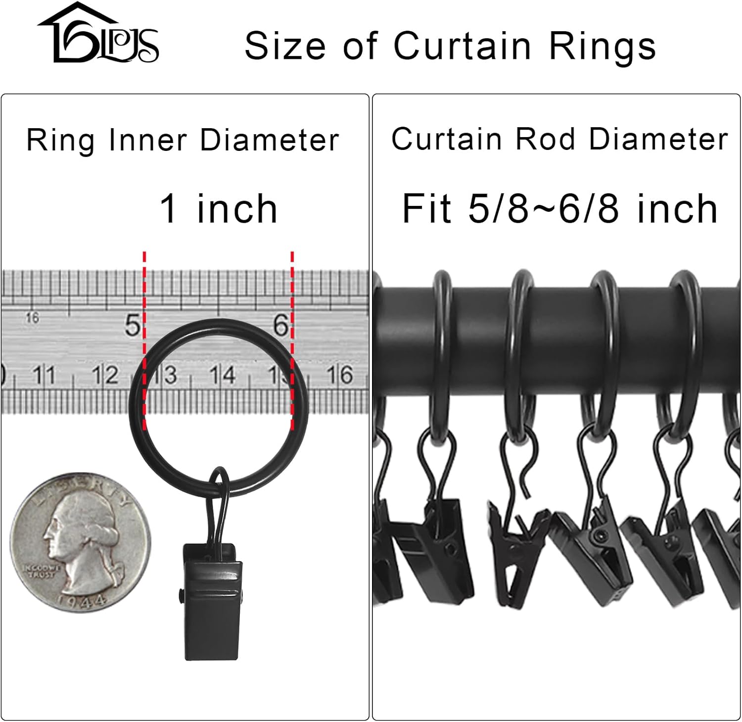 44 Pack Curtain Ring Hooks with Clips Black 1 Inch ID