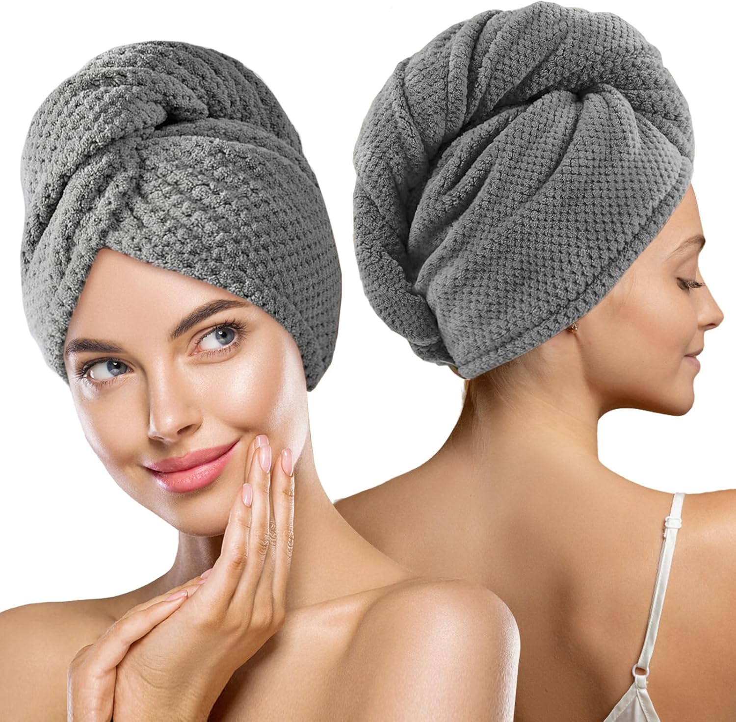 MaopaoBeauty 2 Pack Hair Drying Towels with Button Design - Grey