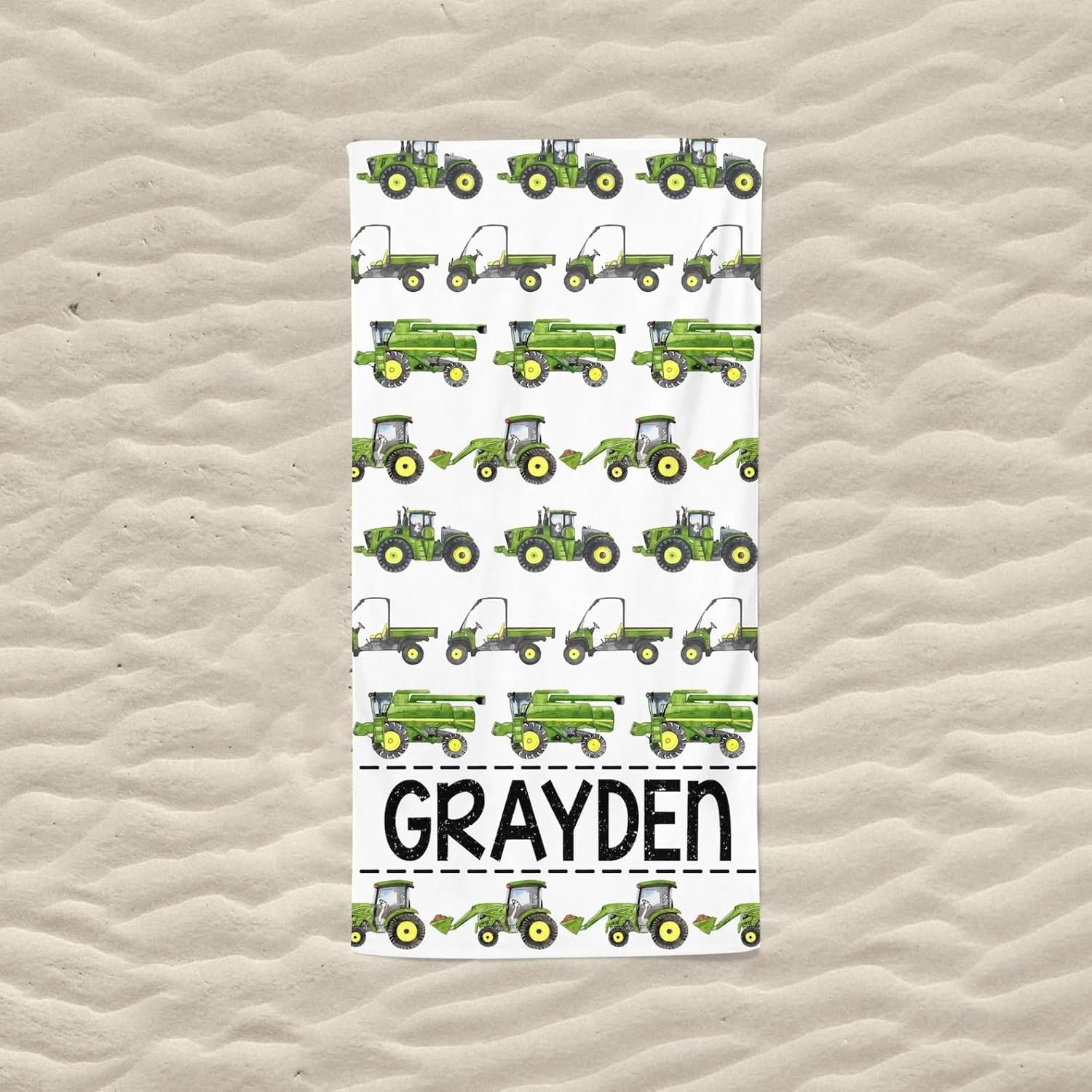 Personalized Green Tractor Beach Towel for Boys