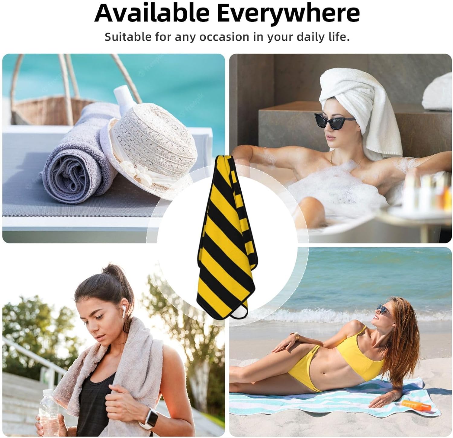 Yellow Black Stripe Beach Towel for Adults Kids