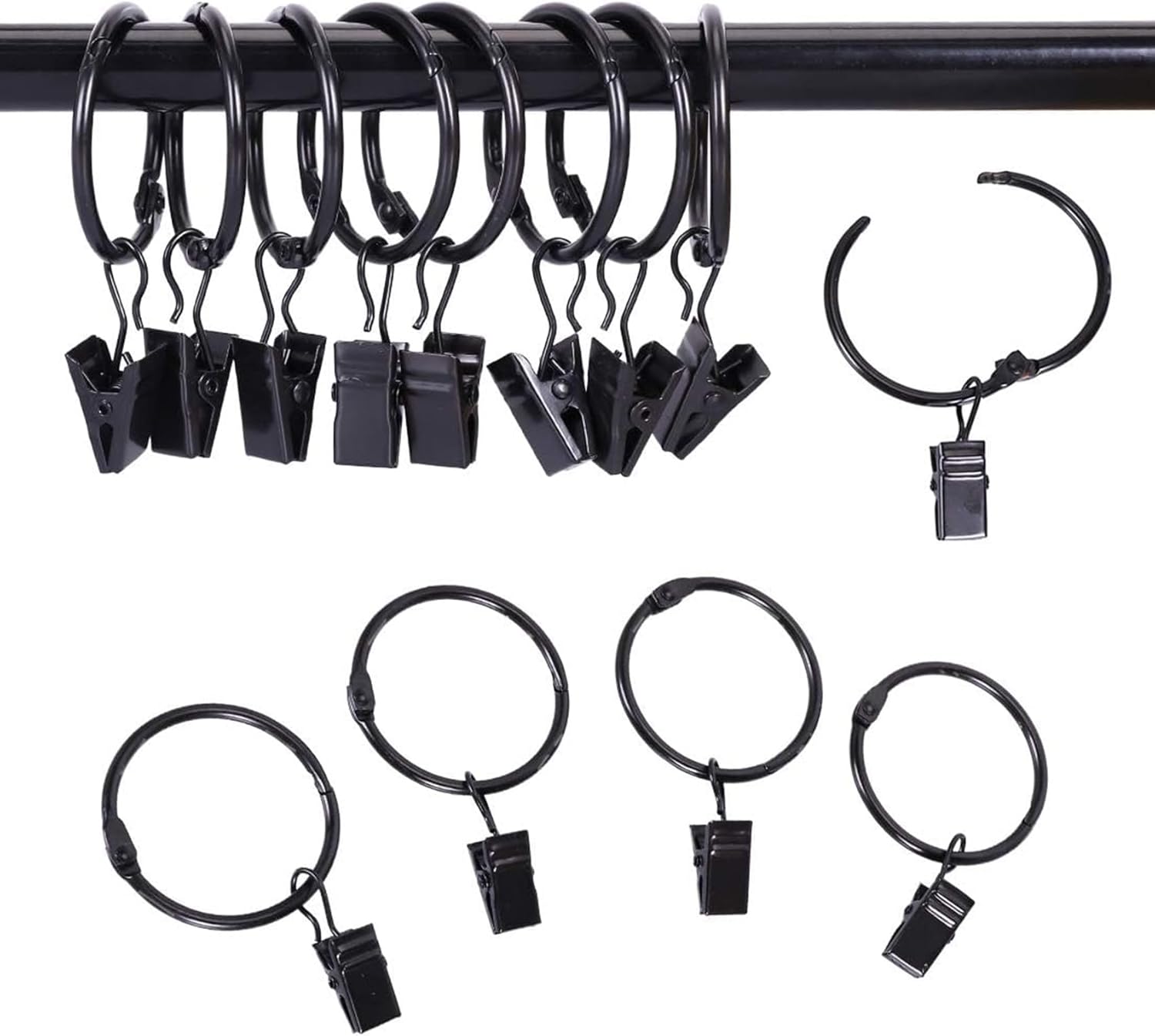 24 Pack 2 Inch Curtain Rings with Clips - Rustproof Black