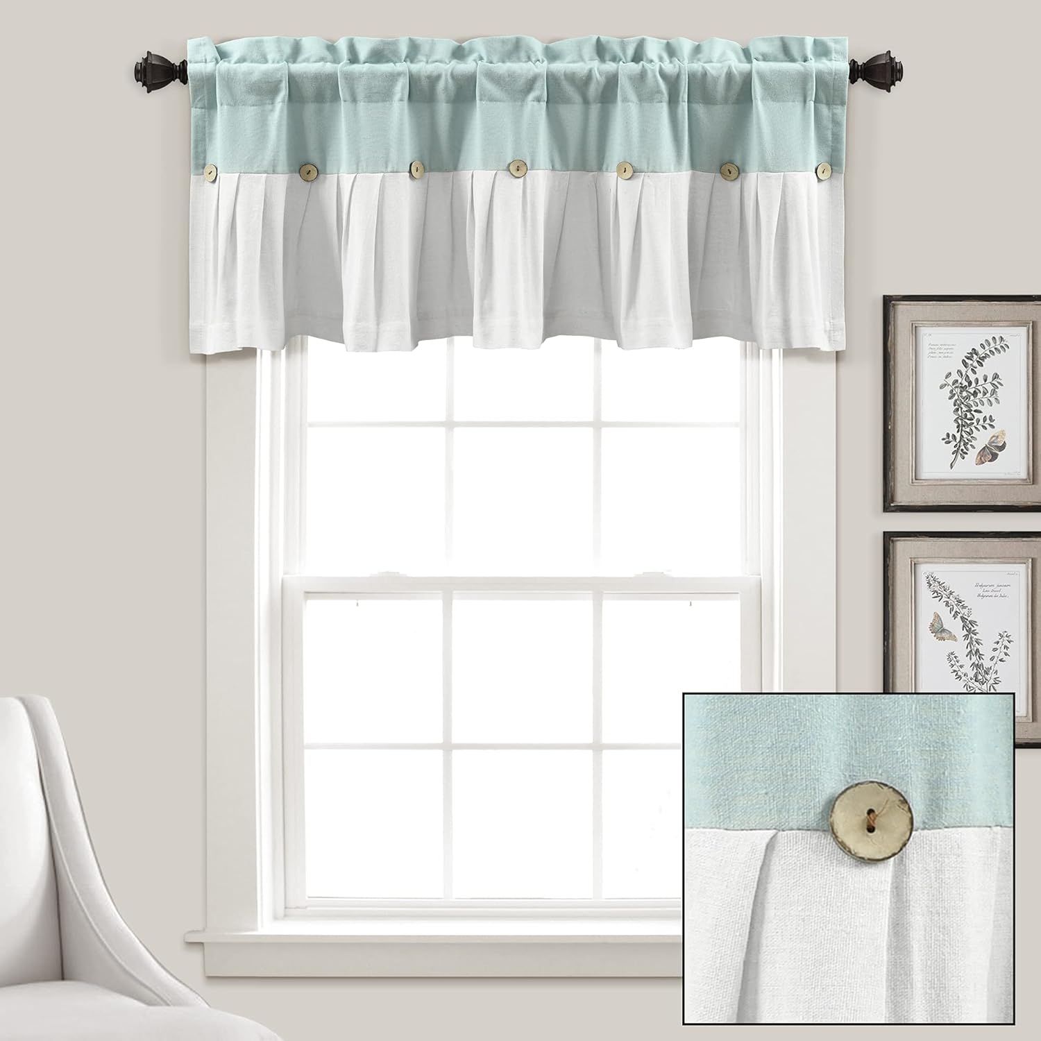 Lush Decor Linen Button Farmhouse Valance 52x18 Blue White