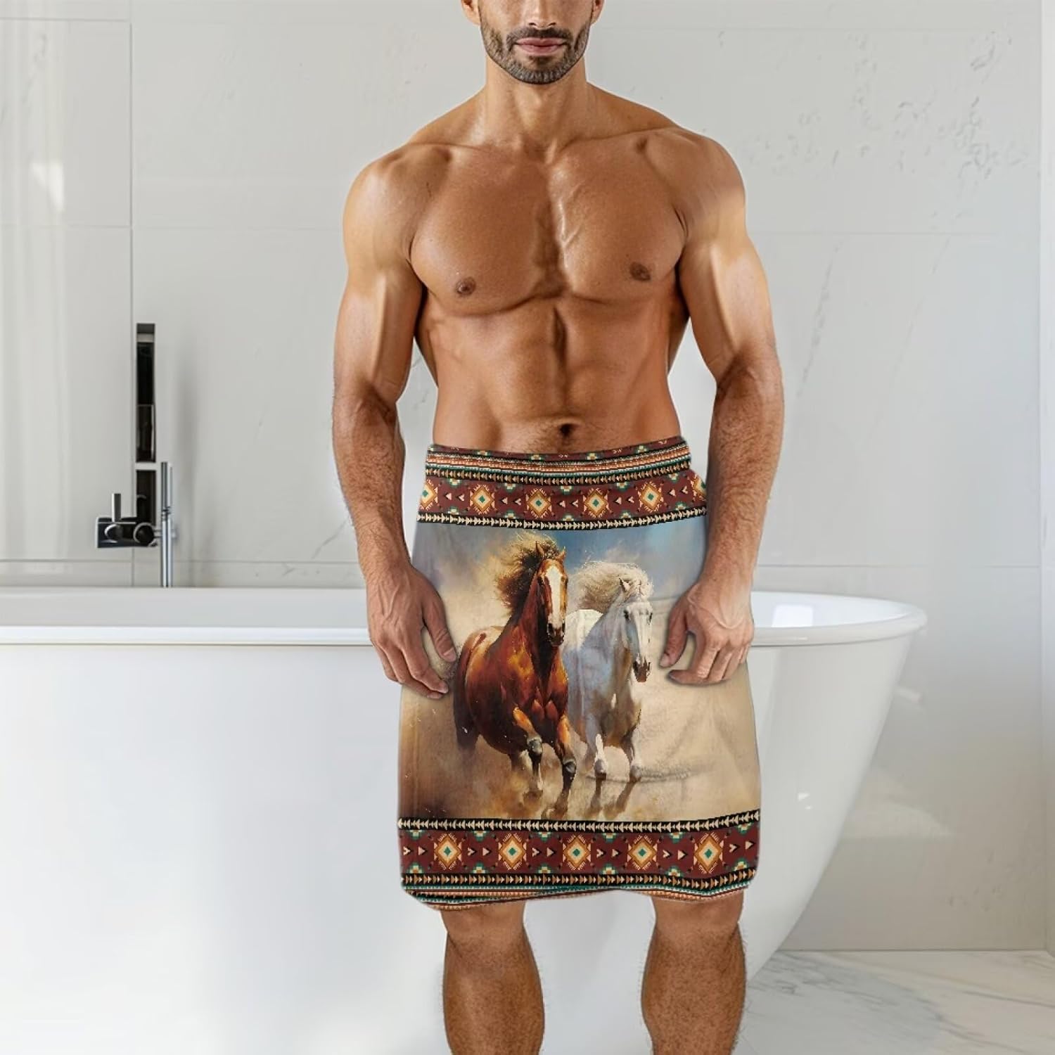 Mens Aztec Horse Bath Towel Wrap Adjustable with Hook and Loop Fasteners