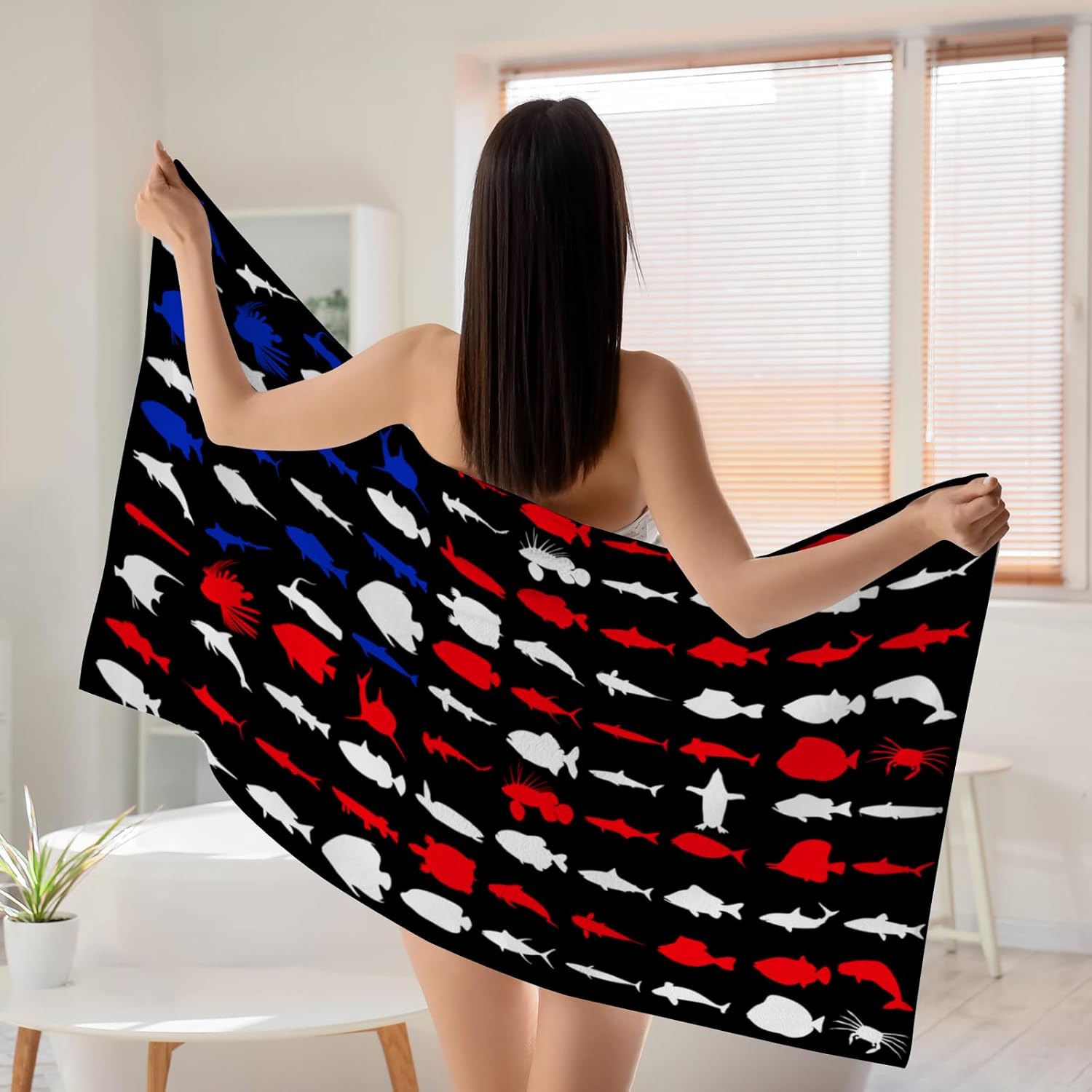 WZOMT American Flag Fishing Beach Towel - Quick Dry Microfiber with Sharks and Turtles